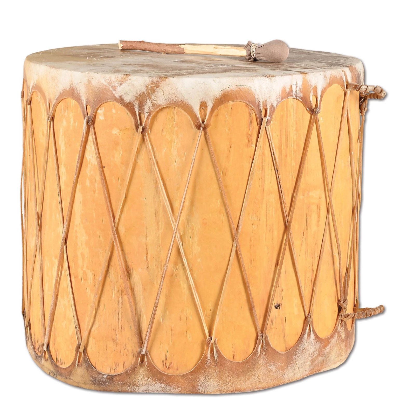 TAOS PUEBLO DRUM: With drumstick. Dimensions: 23" Dia x 20-1/4" H This is not a standard shippable item and will require 3rd party shipping or pickup arrangements to be made. Dimensions: 23" Dia. x 20 - 1/4" T.