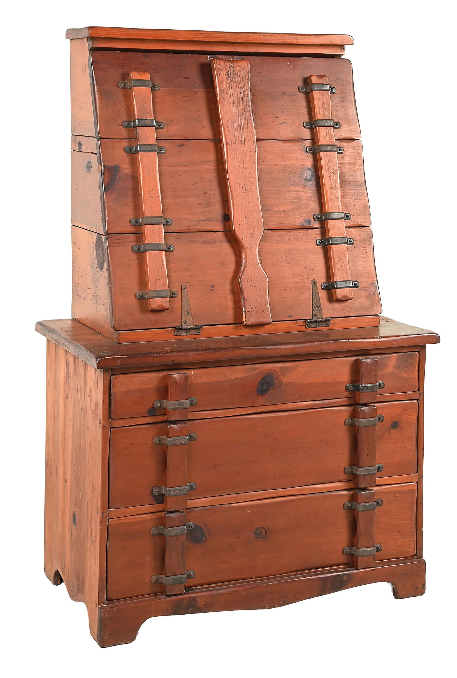 W.R. DALLAS CHUCK WAGON SECRETARY DESK: Circa 1930-1940s sturdily constructed ponderosa pine drop-front secretary desk. Featuring iron furniture and heavy slatted pulls. W.R. Dallas Furniture Studios was founded in 1929 by Wylie R. Dallas. 