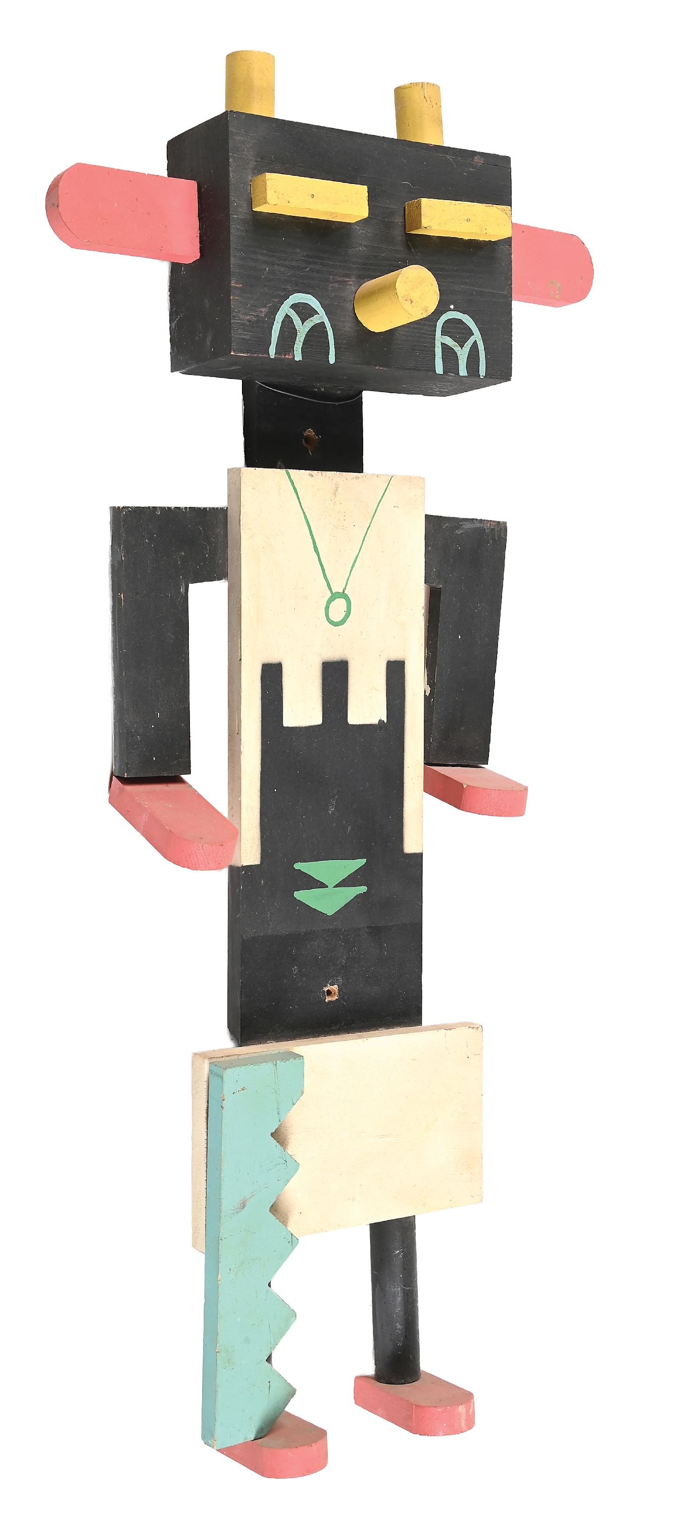 FOLK ART KACHINA FIGURE: Circa 1950s. Made from pre-cut lumber. Of standing form, painted with various details. Made for a trading post along Route 66. Colors: Black, white, turquoise, red, yellow. Provenance: From the
