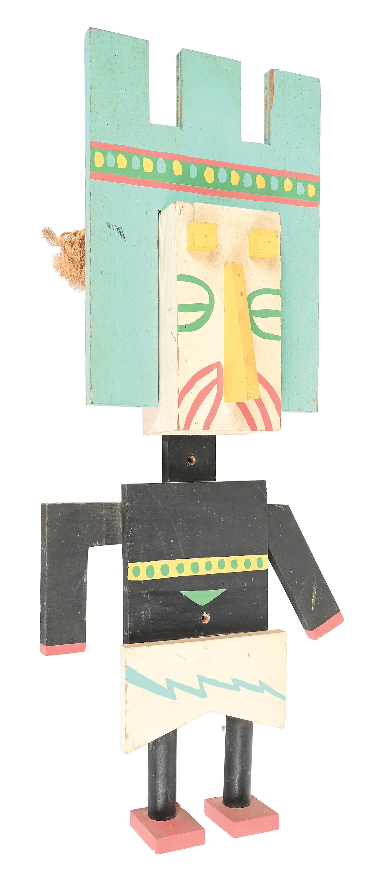 FOLK ART KACHINA FIGURE WITH A TABLITA: Circa 1950s. Made from pre-cut lumber. Of standing form, painted with various details. Made for a trading post along Route 66. Colors: Black, white, turquoise, red, yellow, green. 16" W x 6-1/2" D x