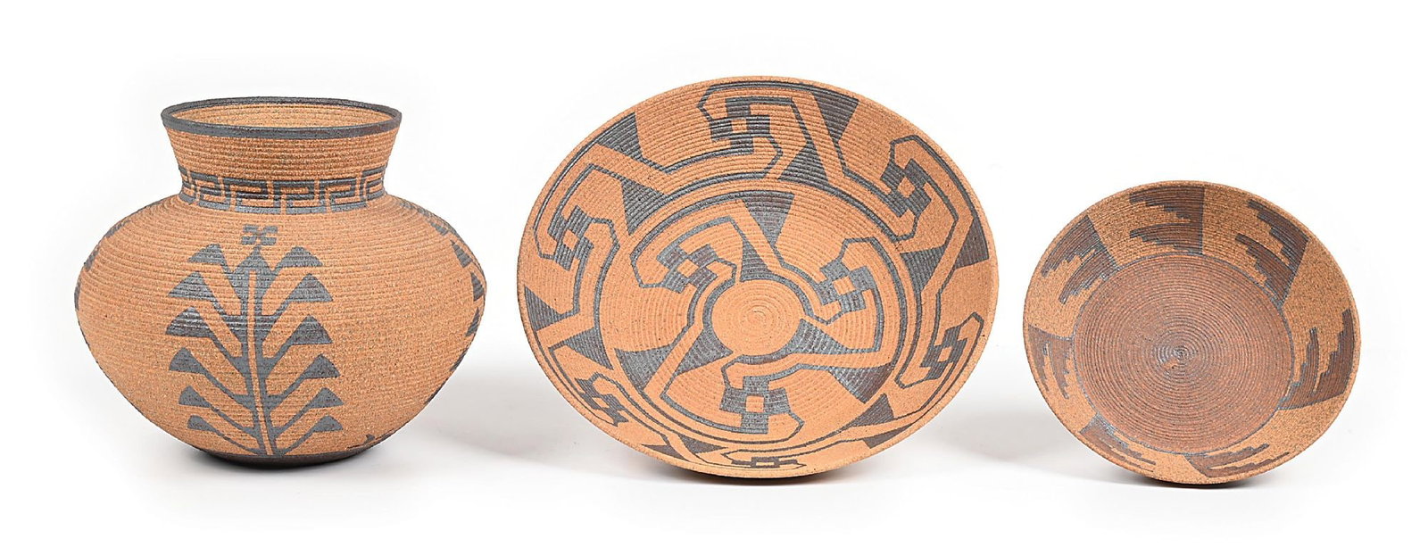 LOT OF 3: DAVID SALK STONEWARE POTTERY ITEMS EMULATING BASKETS: (A) Chemehuevi olla. Signed "D. Salk 87" on the side. 10" Dia. x 8-1/2" T. (B) Pima tray. Signed on bottom "D. Salk 87". 12-1/2" Dia. x 2-3/4" T. (C) Anasazi tray. Signed on bottom "D. Salk 87".