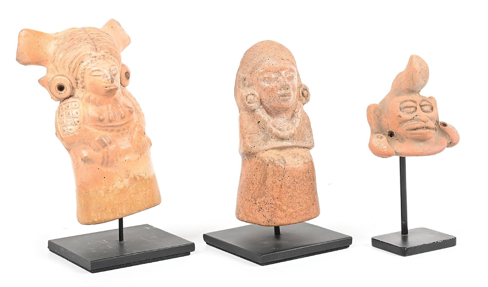LOT OF 3: MAYA POTTERY ITEMS: Circa Late Postclassic (1200-1500 AD). Two molded human forms and a monkey maskette, the largest being a rattle, each on a custom stand. Largest - 3-1/2" W x 2-1/4" L x 6-3/4" H. Dimensions: Largest: