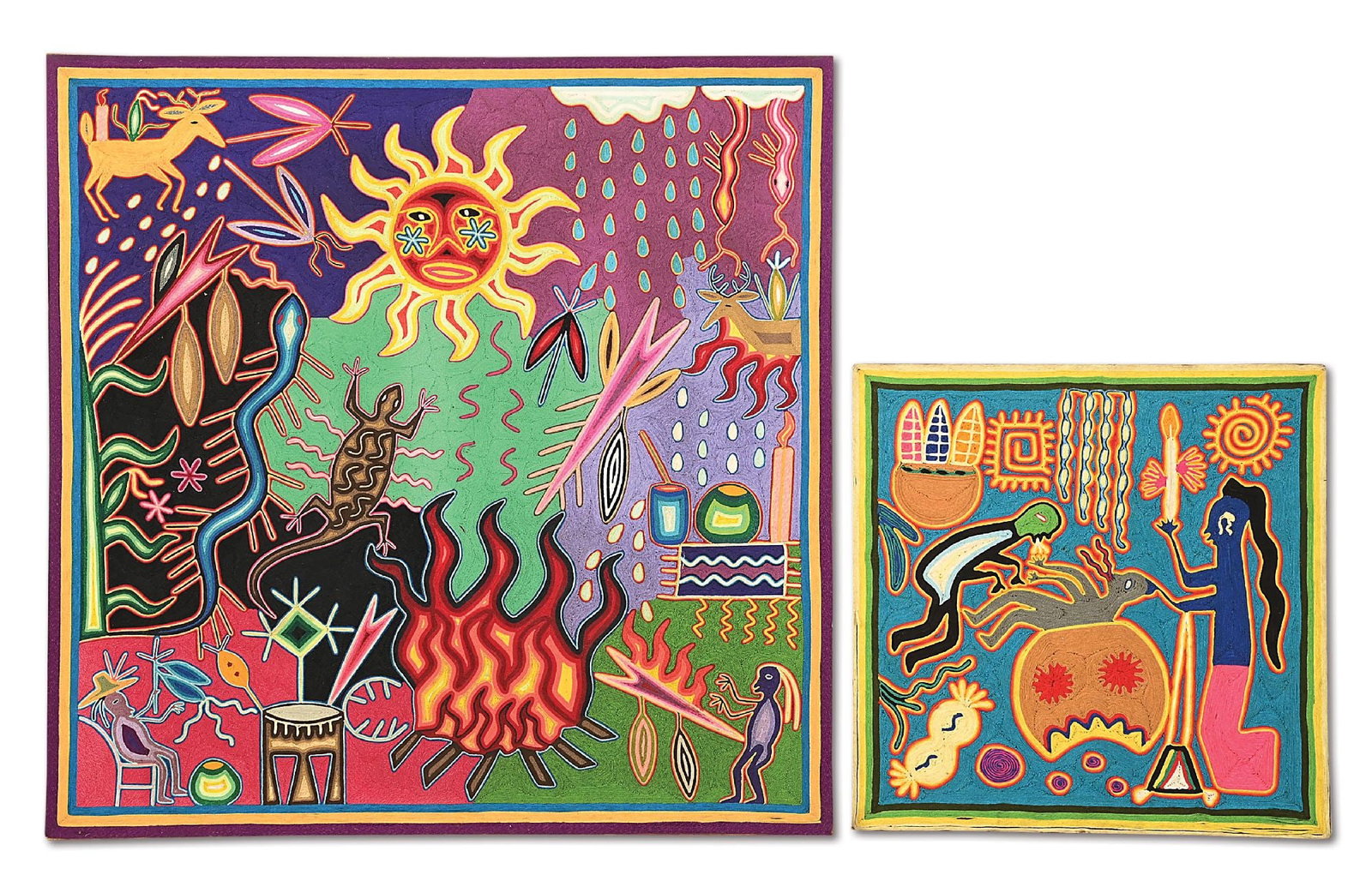 LOT OF 2: HUICHOL YARN PAINTINGS: (A) With a central figure of a sun and fire interacting with raindrops. 39-1/4 x 39-1/4 in. (B) Depicting a healing scene. 23-5/8 x 23-5/8 in. Dimensions: Largest: 39 - 1/4" x 38 - 3/4".