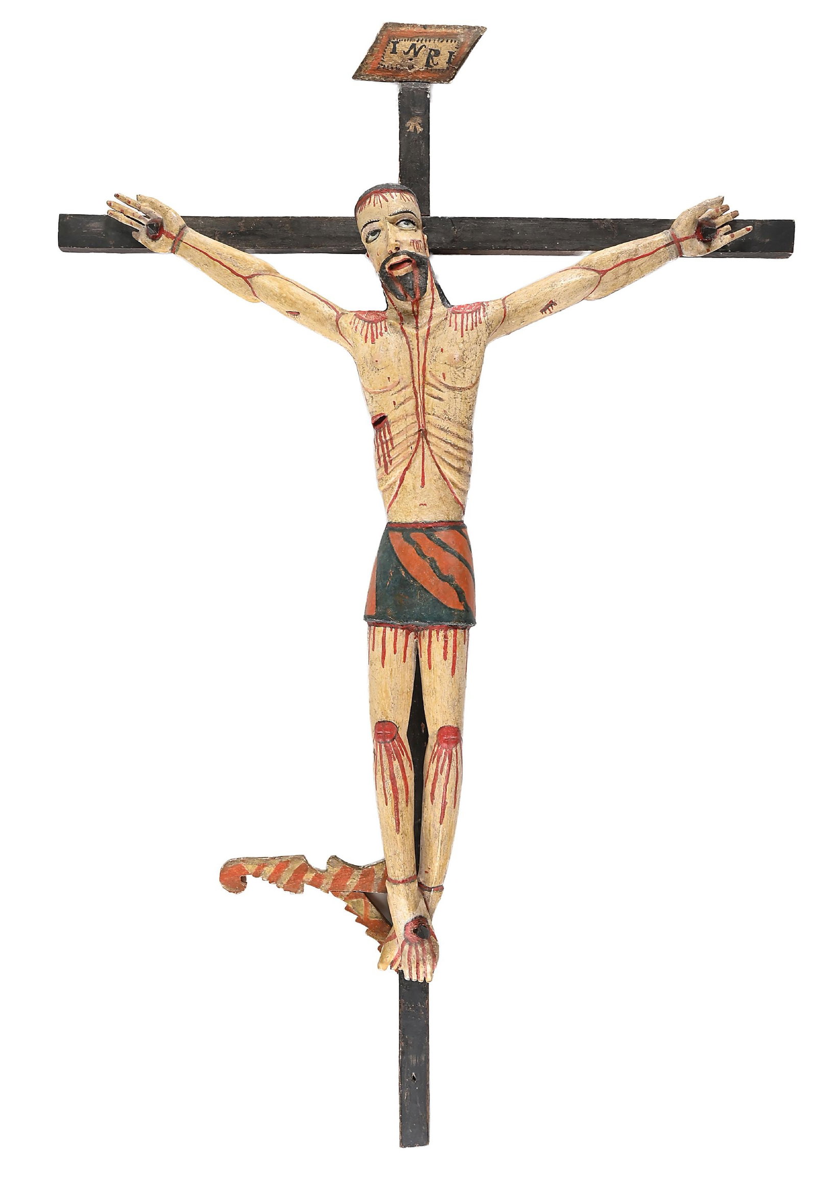 EARLY NEW MEXICO CRISTO: With Jesus figure on the cross with "INRI" sign overhead. Glass eyes. Perch for bird has been separated from the cross. Condition: With limited restoration. Three fingertips missing on left hand,