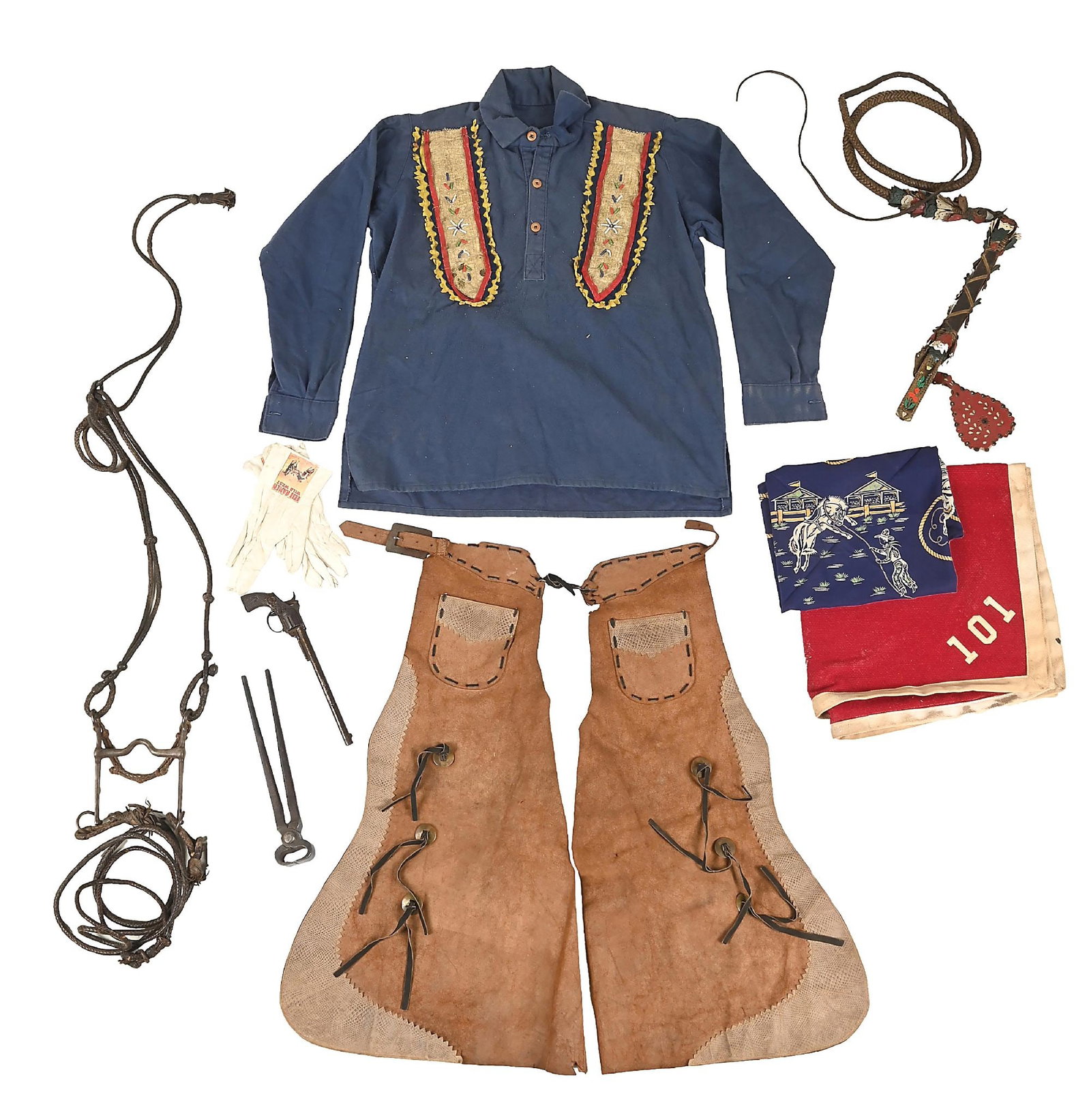 LARGE LOT OF 101 RANCH PERFORMER AND SOUVENIR ITEMS: Lot consists of: (A) Color litho vignette kid leather white riding gloves. (B) Red wool 101 saddle blanket with white trim. (C) Braided kangaroo reins and bridle with bit. (D) Ranch hoof trimmers