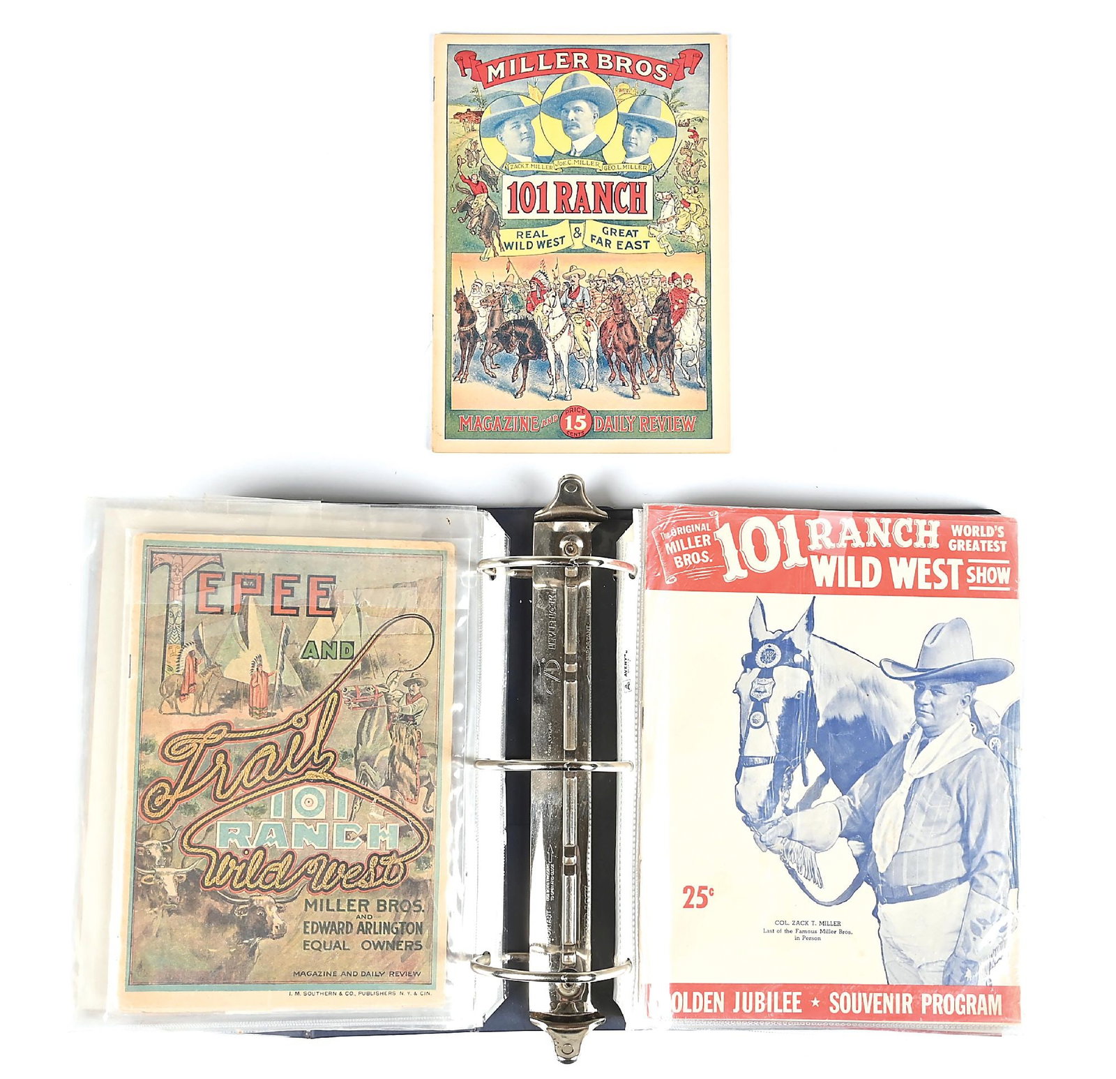 LARGE BINDER OF 101 RANCH AND RODEO PROGRAMS: Large and diverse lot of Miller Bros. productions event programs and related rodeo events ephemera. Circa 1900-1920s. Dimensions: 12" x 11 - 1/2" x 4".