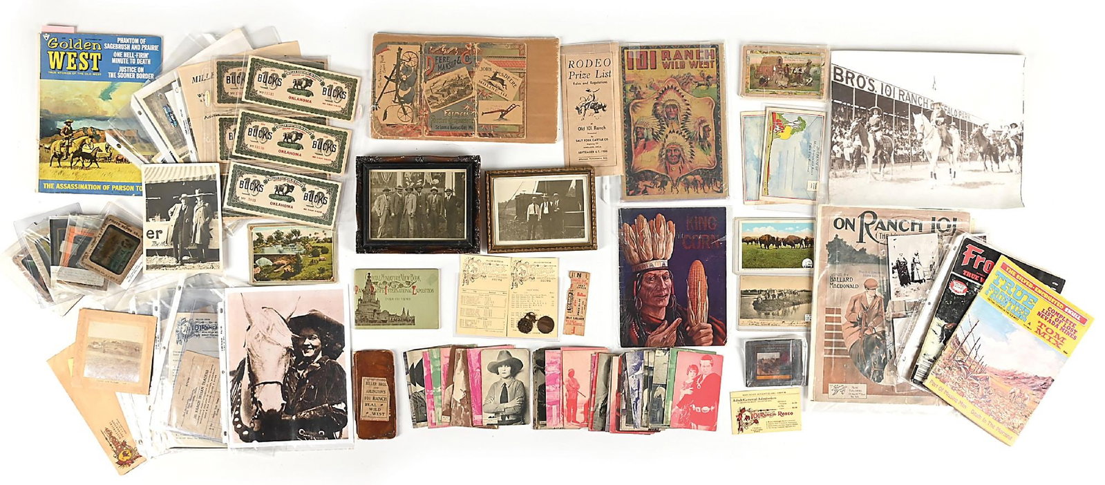 LARGE LOT OF 101 EPHEMERA & DOCUMENTS: Documents, sheet music, photos, postcards, tokens, fobs, and related to the Miller Bros. 101 shows and property. Dimensions: Largest: 8" x 10".