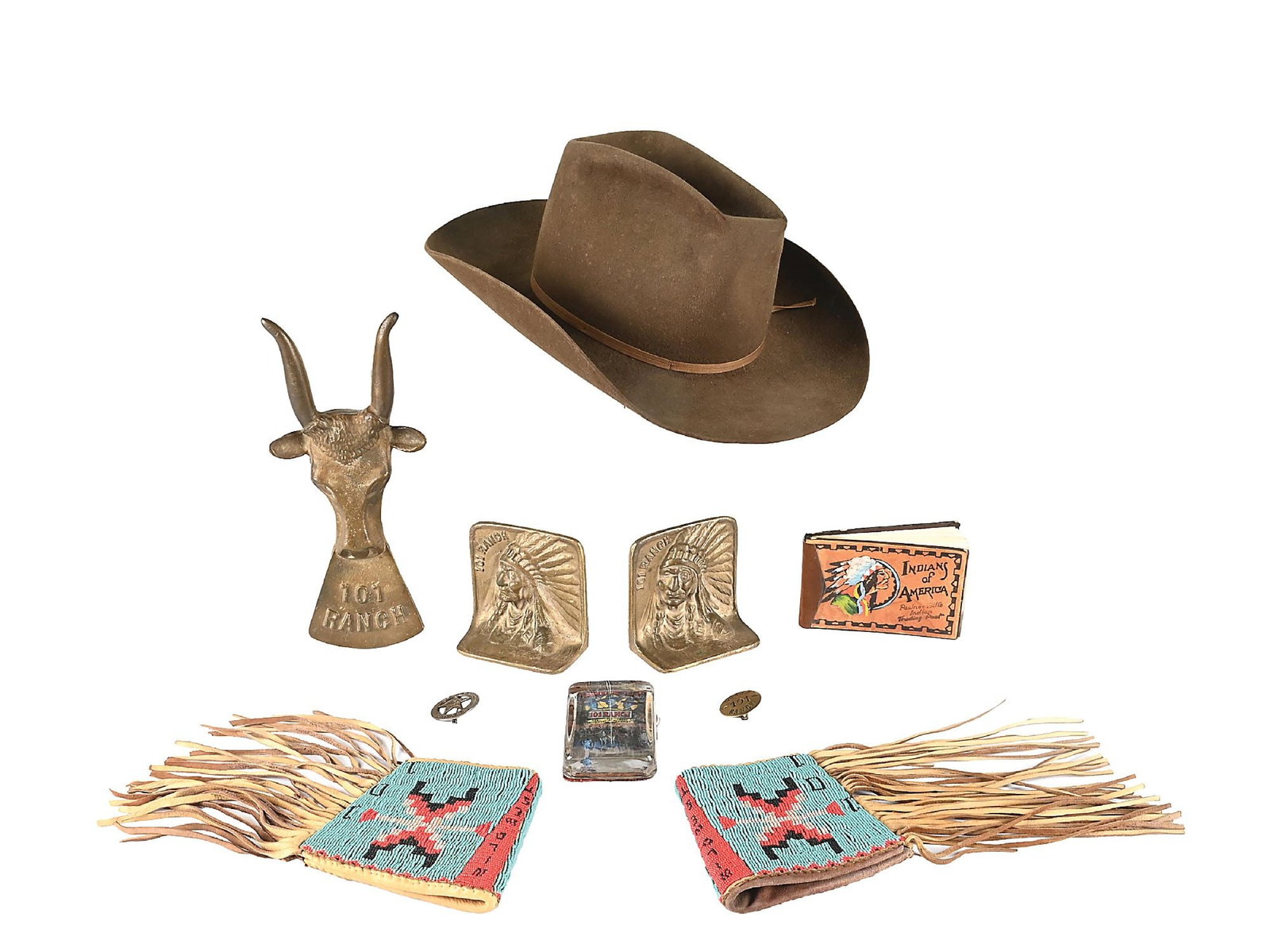 LOT OF 101 RANCH SOUVENIR ITEMS: Lot consists of: (A) Brown felt hat with 101 Ranch gold lettering inside silk crown lining. (B) Heavy cast brass 101 RANCH steer head boot jack. (C) Indians of America leather covered booklet from Paw