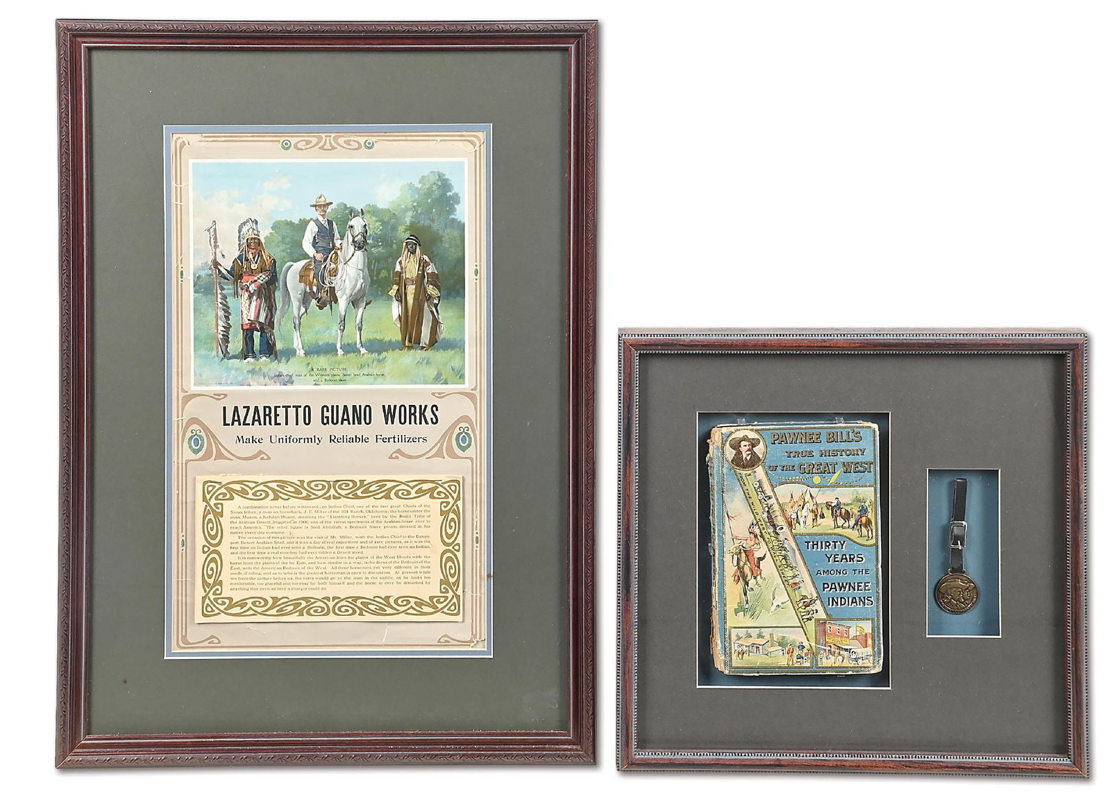 LOT OF 2 PROFESSIONALLY FRAMED 101 RANCH RELATED DISPLAYS: The 110,000-acre cattle ranch, known as the 101, was formed in 1893. In 1908, urged on by their neighbor, Gordon Lillie (Pawnee Bill), they entered the touring Wild West Show business in 1908 and form