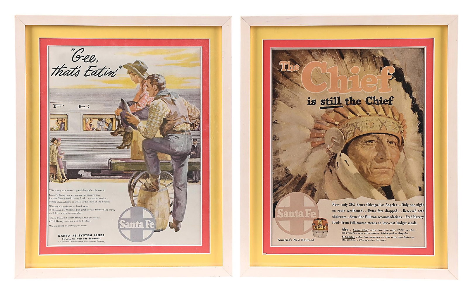 LOT OF 2: SANTA FE RAILROAD PRINTS: Santa Fe System Lines The Chief is Still the Chief and Gee, That's Eatin' framed prints. sheet (each): 12-1/2 x 9 1/2 in. framed (each): 16 1/2 x 13 1/2 in. Dimensions: Frame: 16 1/2" x 13 1/2".