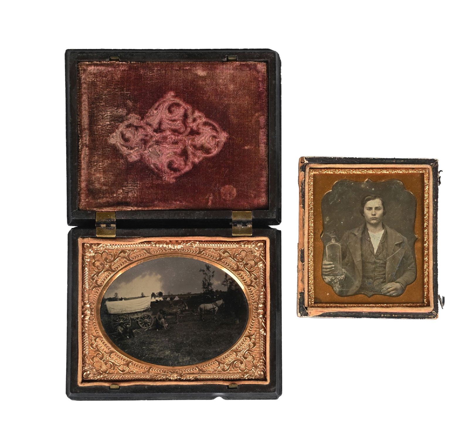 LOT OF 2: WESTERN OUTDOOR TINTYPE & GOLD RUSH ERA DAGUERREOTYPE: Lot consists of: (A) Circa 1860s Quarter-plate tintype showing a pioneer conestoga type prairie schooner wagon and men horsing around. Neat background details of a temporary tent camp. Housed in a gut