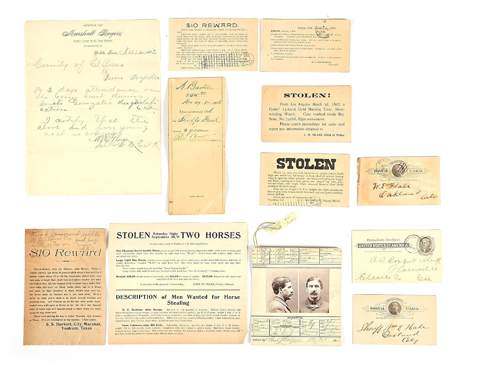 LOT OF LAW ENFORCEMENT WANTED POSTERS, CARDS, AND RELATED EPHEMERA: Lot of late 1800s western related wanted cards, broadsides, prostitution licensing and related items. Provenance Ex Collection of Phil Spangenberger Dimensions: Largest: 8" x 10".