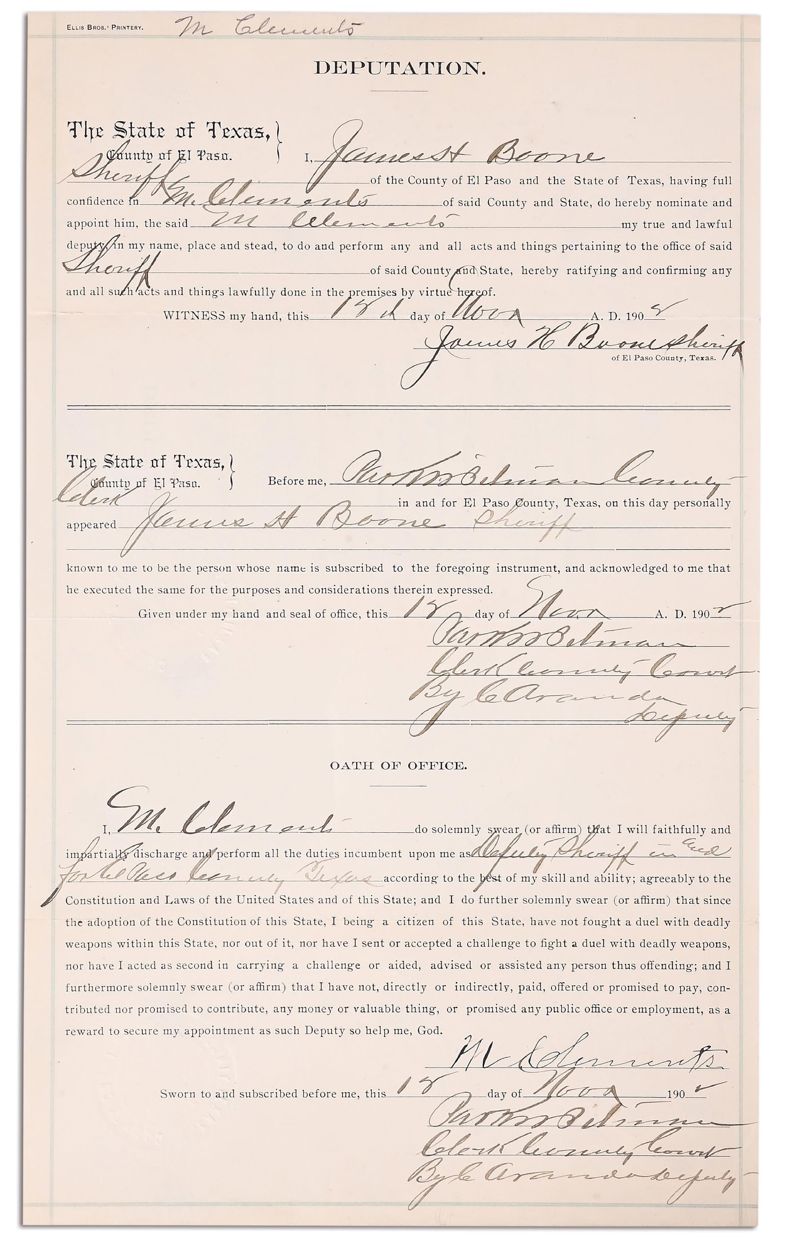 IMPORTANT EL PASO DOCUMENT "DEPUTATION" OF MANNY CLEMENTS: 1902 deputization document appointing Emmanuel Clements as a Deputy Sheriff in El Paso, Texas by Sheriff James H. Boone. Clements was a major player in El Paso and associated with many of the key play