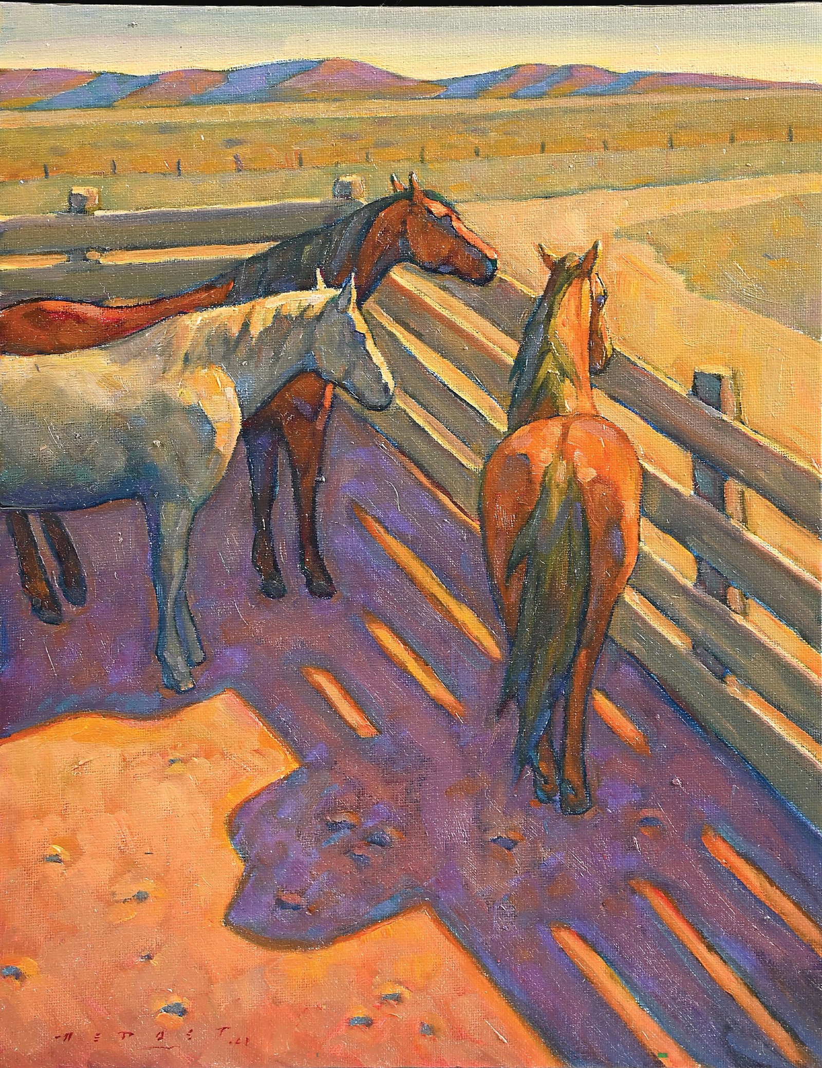 HOWARD POST (AMERICAN, B. 1948): The Corner Corral oil on canvas board sight: 11 x 14 in. framed: 13-1/2 x 16-1/2 in. Signed lower-left corner "H. E. Post" Showing three horses looking out beyond from behind the corral. Dimensions: F