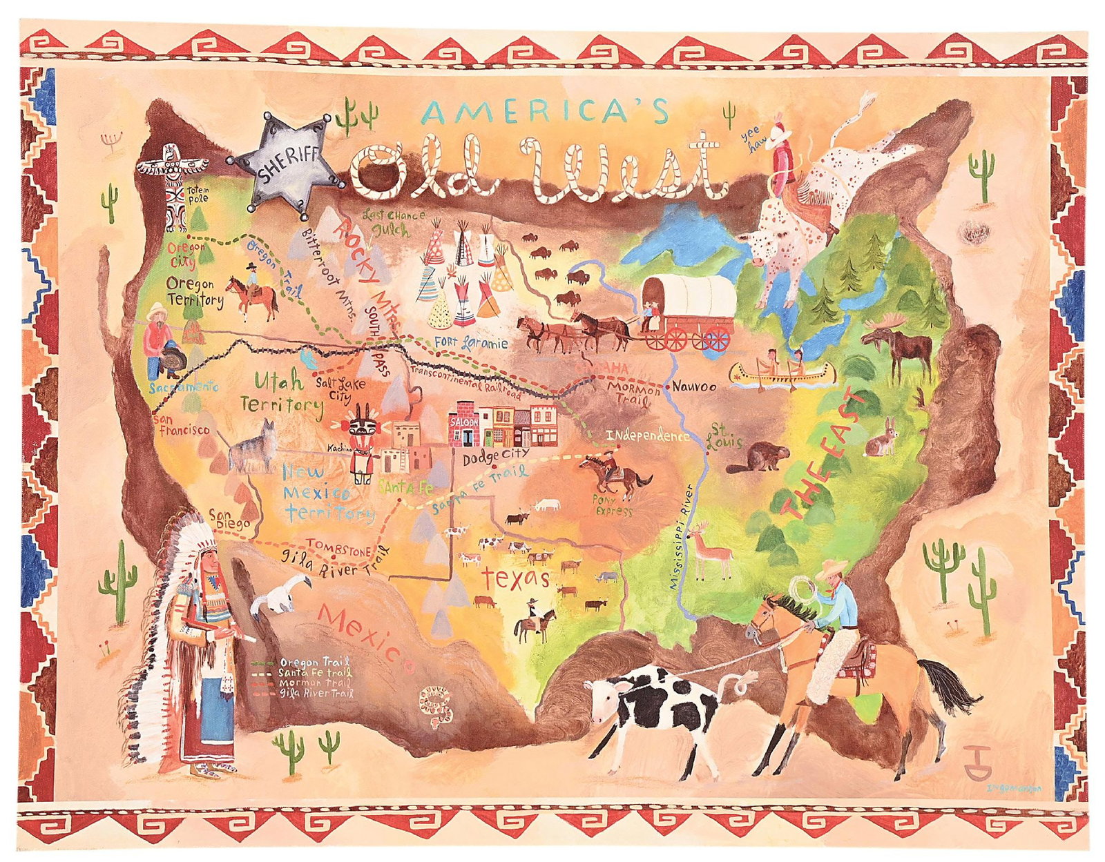 DONNA INGEMANSON: America's Old West acrylic on canvas 20 x 26 in. signed lower right "Ingemanson" Depicting a map of the United States, with depictions highlighting the Western United States. Dimensions: 20" x 26".