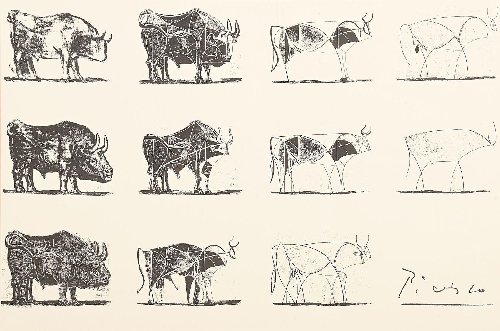 AFTER PABLO PICASSO (SPANISH, 1881-1973): Le Taureau (The Bull) lithograph sight: 35 x 23-1/2 in. framed: 43-1/2 x 32 in. signed lower right in the lithograph "Picasso" Eleven interpretations of the bull as conceived by Picasso, all depicted