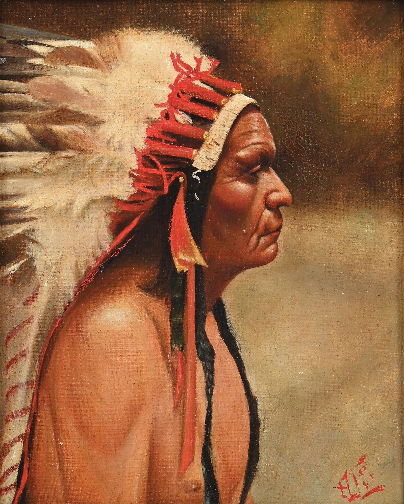 H. J. STODDARD: Arapahoe Chieftan oil on canvas sight: 7-1/4 x 9 in. framed: 11-1/2 x 13 in. signed lower right, titled on plaque Dimensions: Frame: 13" x 1 - 3/8" x 2".