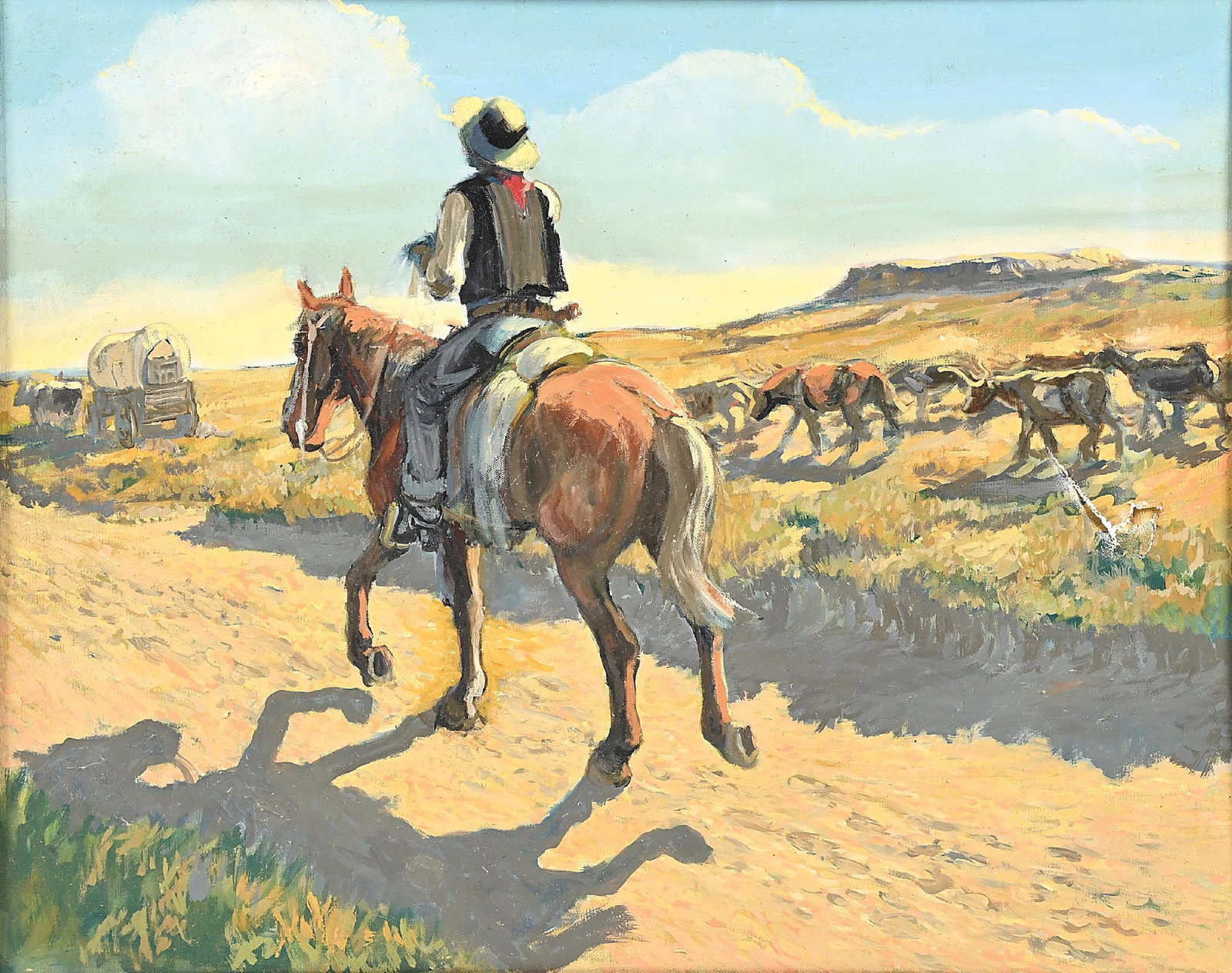 BERGER FAGENSTROM (1914-2003): Near the Oregon Trail oil on canvas signed on back of canvas "Fagenstrom" and on stretcher bar sight: 23-3/4 x 29-3/4 in. framed: 28-1/2 x 34-1/2 in. Condition With a T-shaped tear in canvas, one