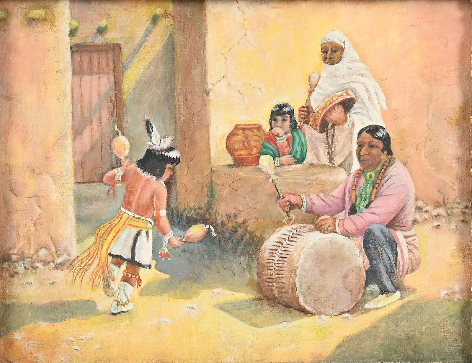 E.A. HATFIELD: Pueblo Boy oil on paper sight: 15 x 12 in. framed: 18-1/2 x 15-1/2 in. Depicting two adult figures drumming, a young girl looking on, as a young boy is dancing with a rattle in each hand, set in front