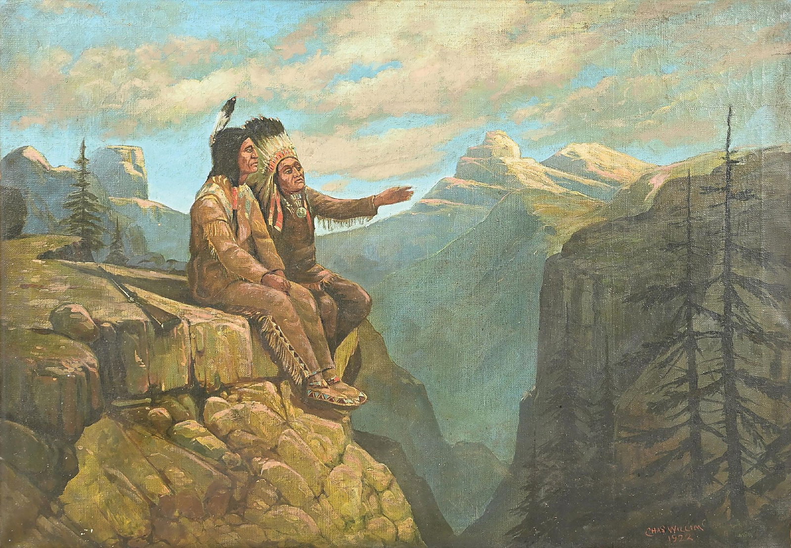 CHARLES WILLIAM (AMERICAN, 1872-1960): Native American Meeting Over Canyon oil on canvas sight: 27-1/2 x 39-1/2 in. framed: 37-1/2 x 49-1/2 in. original period frame signed lower right Condition Good original condition.