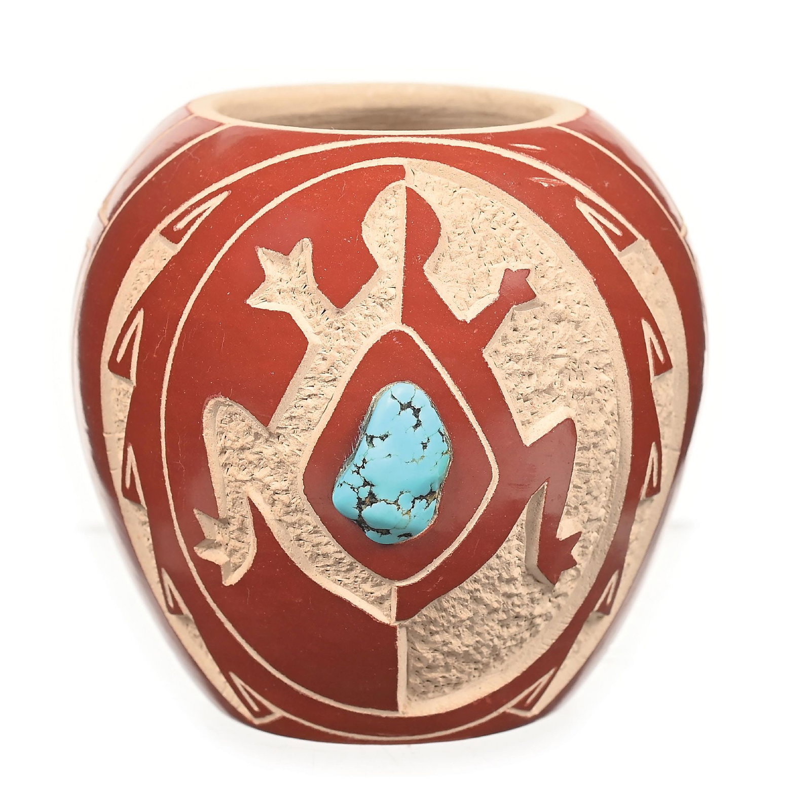THOMAS NAMPEYO HOPI POTTERY MINIATURE: With incised design featuring a lizard with a central piece of turquoise. Inscribed on base "Thomas Pollacca Nampeyo 77". Dimensions: 1-1/2" Dia. x 2-1/2" H Provenance Fred Harman Art Museum / Estate 