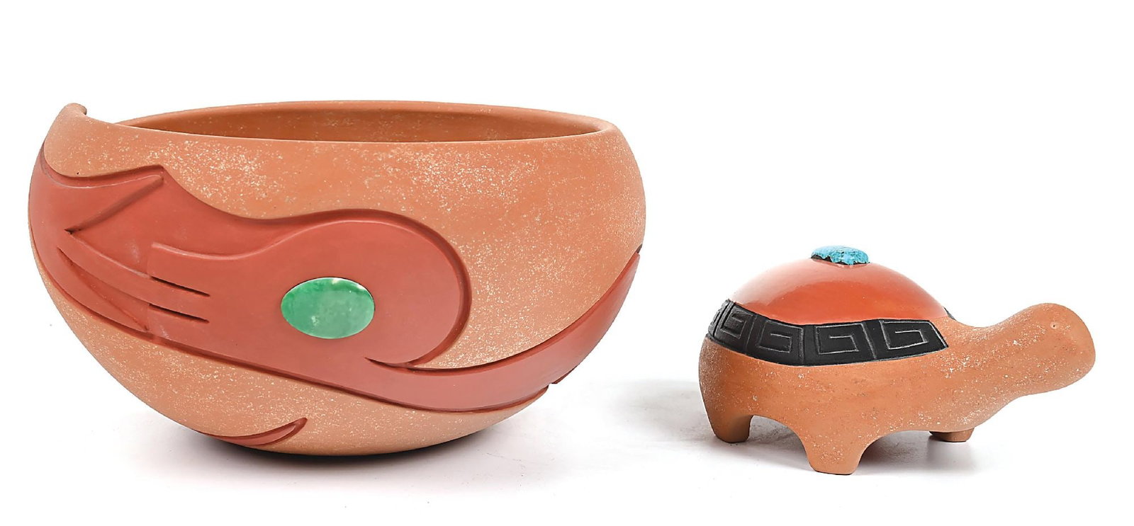 LOT OF 2: SAN ILDEFONSO POTTERY ITEMS BY DORA TSE-PÉ: (A) With a carved avanyu figure decorating the entire sides of the bowl with a jade inset eye. 8-1/2" x 4-1/4". (B) Pottery Turtle with inlay turquoise on the top of its shell. Incised inside "Dora