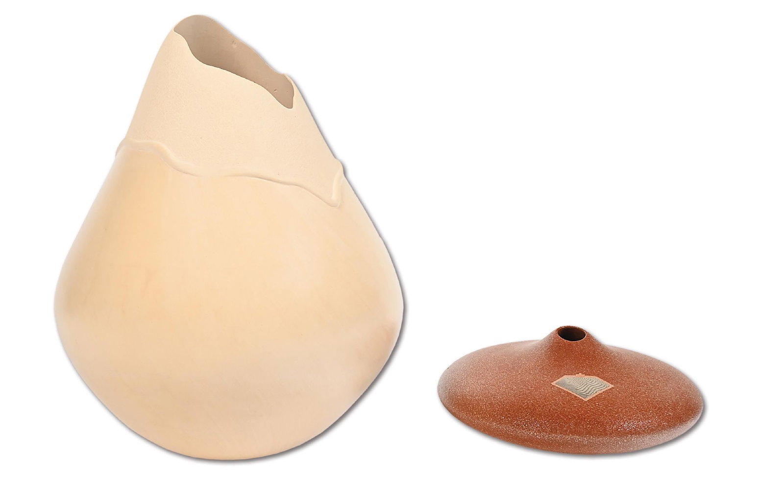 LOT OF 2: HOPI POTTERY BY PRESTON DUWYENIE: Each with his hallmark of a woman carrying a child on her beck on the base. (A) Contemporary olla form with smooth sides leading into a carved neck reflecting sand. (B) Seed jar done with micaceous