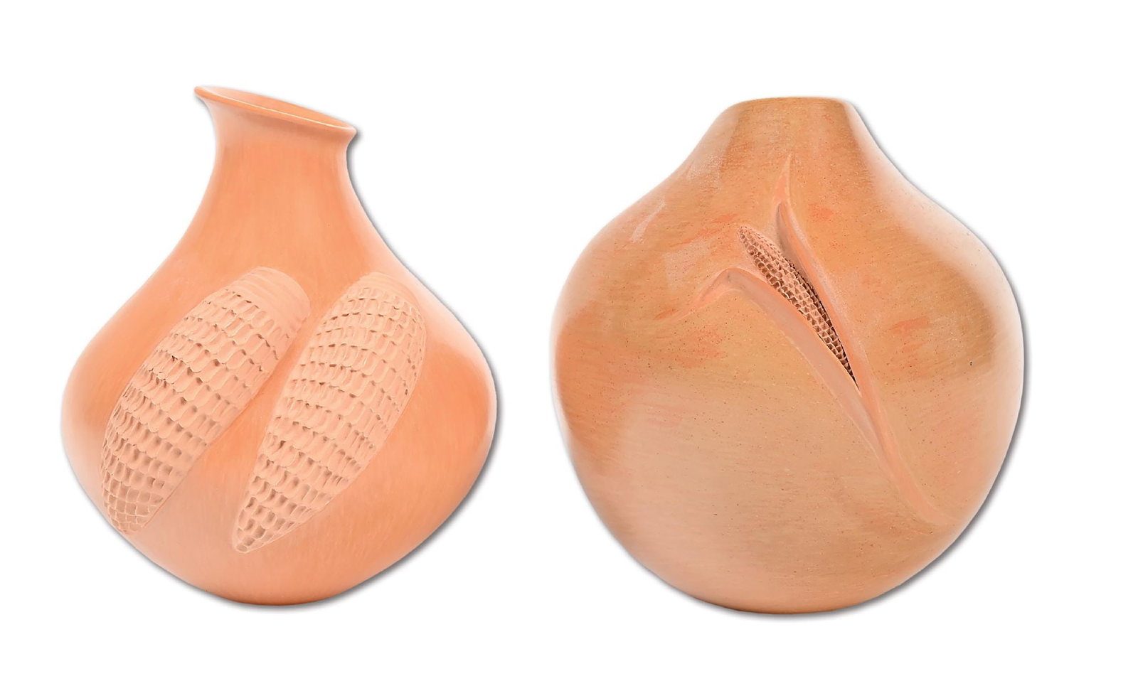 LOT OF 2: HOPI POTTERY VASES: (A) By Iris Y Nampeyo, incised on base "Iris Y. Nampeyo" with corncob. (B) By Alfred Qoyawayma, incised on bottom "1990 Qoyawayma" with a fish and "QIIK". Both are in excellent condition, no chips or
