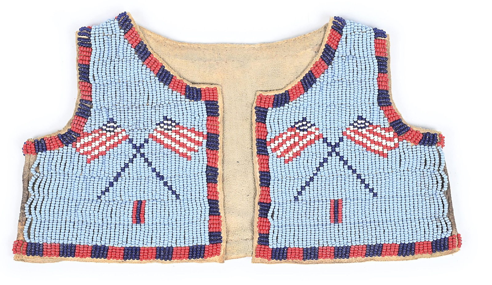 SIOUX (LAKOTA) BOY'S BEADED VEST: Mid-20th century. On commercially tanned hide. Light blue background showcasing two American flags. Dimensions: 9 - 1/2" x 5".