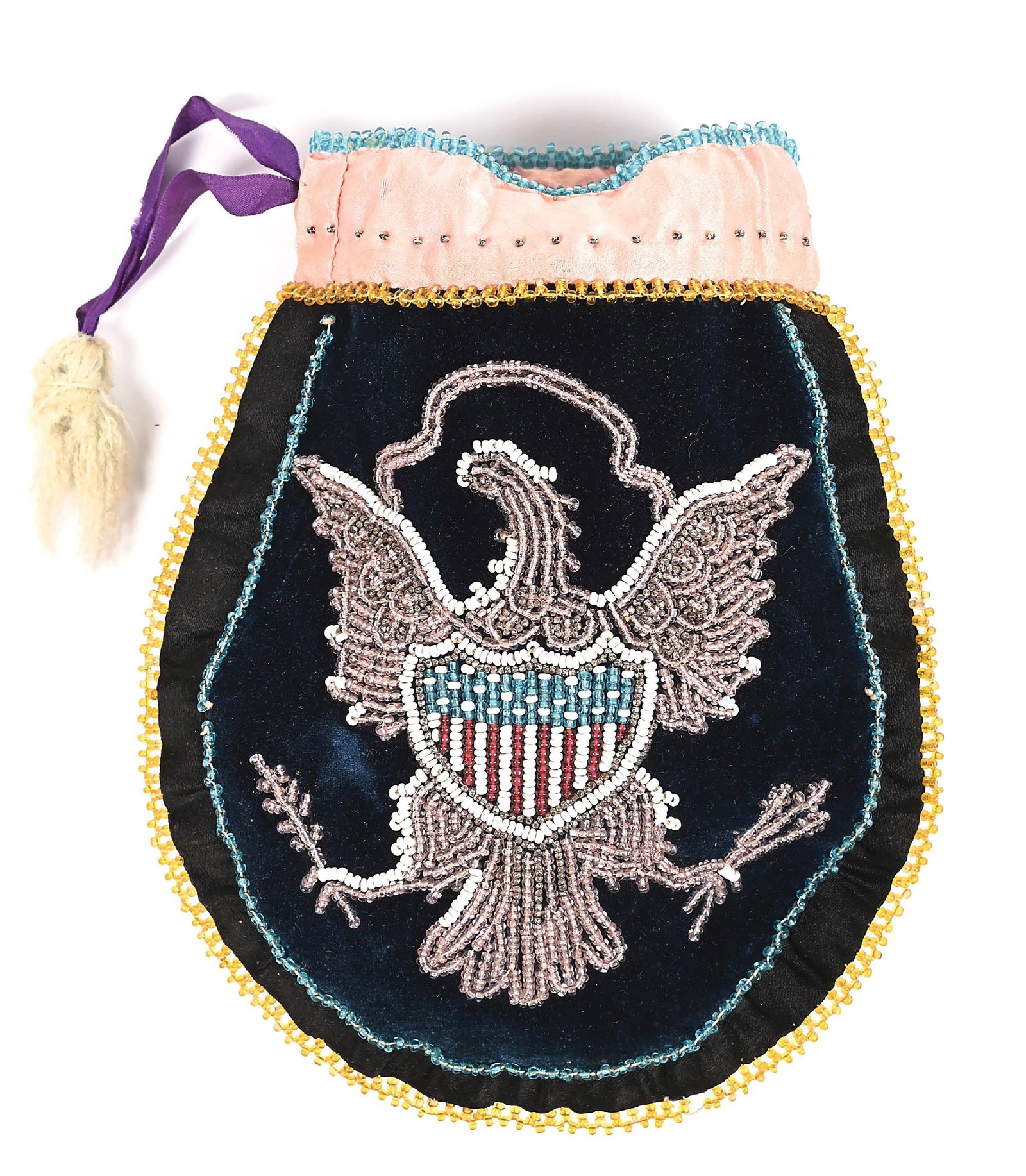 IROQUOIS BEADED BAG: Turn of the 19th century. One side with an eagle with American shield, the other side with the initials "H. J". on black velvet. Dimensions: 6 - 1/4" x 7 - 1/4".