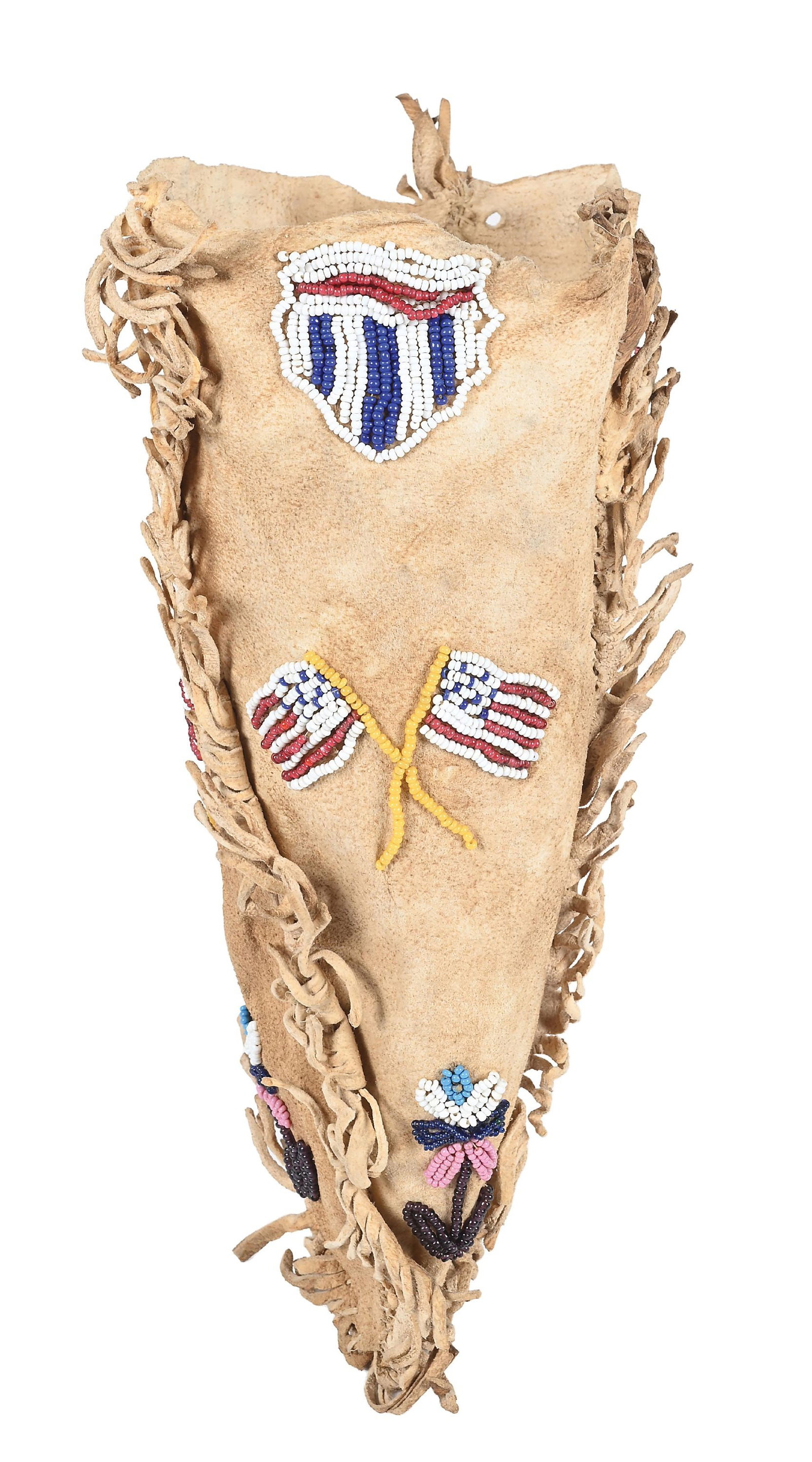 SANTEE SIOUX BEADED BAG: With beaded designs of American shield, American flags, and flower on each of the three panels. Dimensions: 5 - 1/2" x 10".