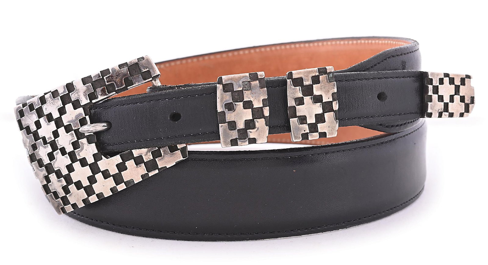 DANNY ROMERO SILVER RANGER SET ON BLACK LEATHER BELT: With signature repeating cross design. Signed "Romero" on back. 45-1/4" belt length (including buckle). Dimensions: Overall w/buckle: 47" L.