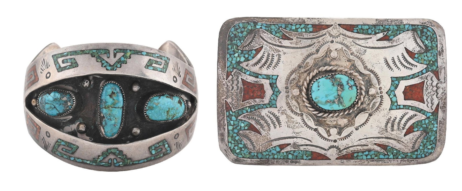 LOT OF 2: NAVAJO (DINÉ) BRACELET & BUCKLE SET: (A) The bracelet done with bands chip inlay of turquoise, coral, and silver, creating a shadowbox center with three turquoise cabochons. Signed on back " Hand / A. Char", believed to be "Handmade / A.