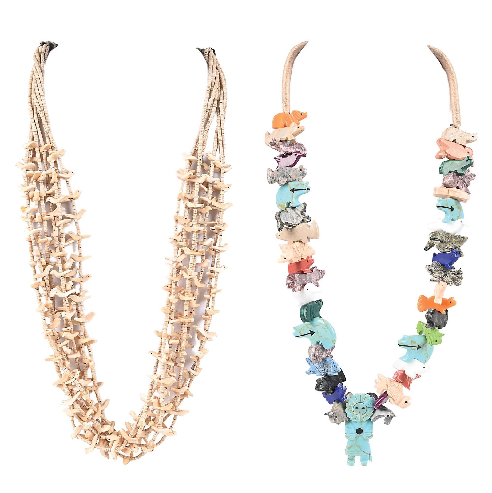 LOT OF 2: ZUNI FETISH NECKLACES: (A) Comprised of heishi shells and shell birds. 15" L (B) A variety of animals carved from various stones, including turquoise, with a Katsina central figure. 16-1/4" L Dimensions: Shadow Box: 12 - 1/
