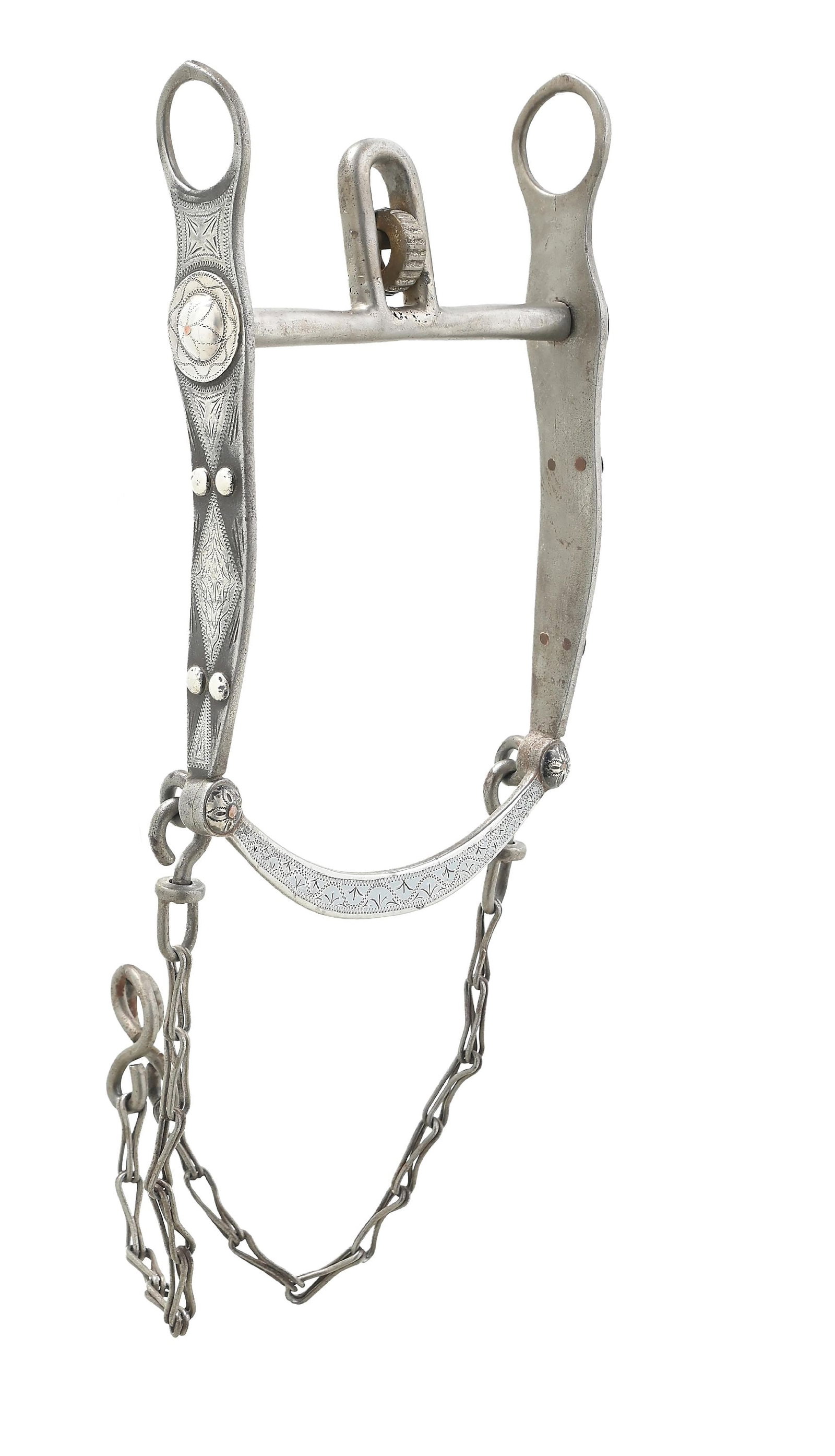 UNMARKED MORALES HALF BREED BIT: Found in the Hamley's catalog as #62, this pattern is routinely attributed to Mike Morales. Silver inlaid diamond patterns and 1" engraved conchos on the bands. Dimensions: 5 - 1/2" x 9".