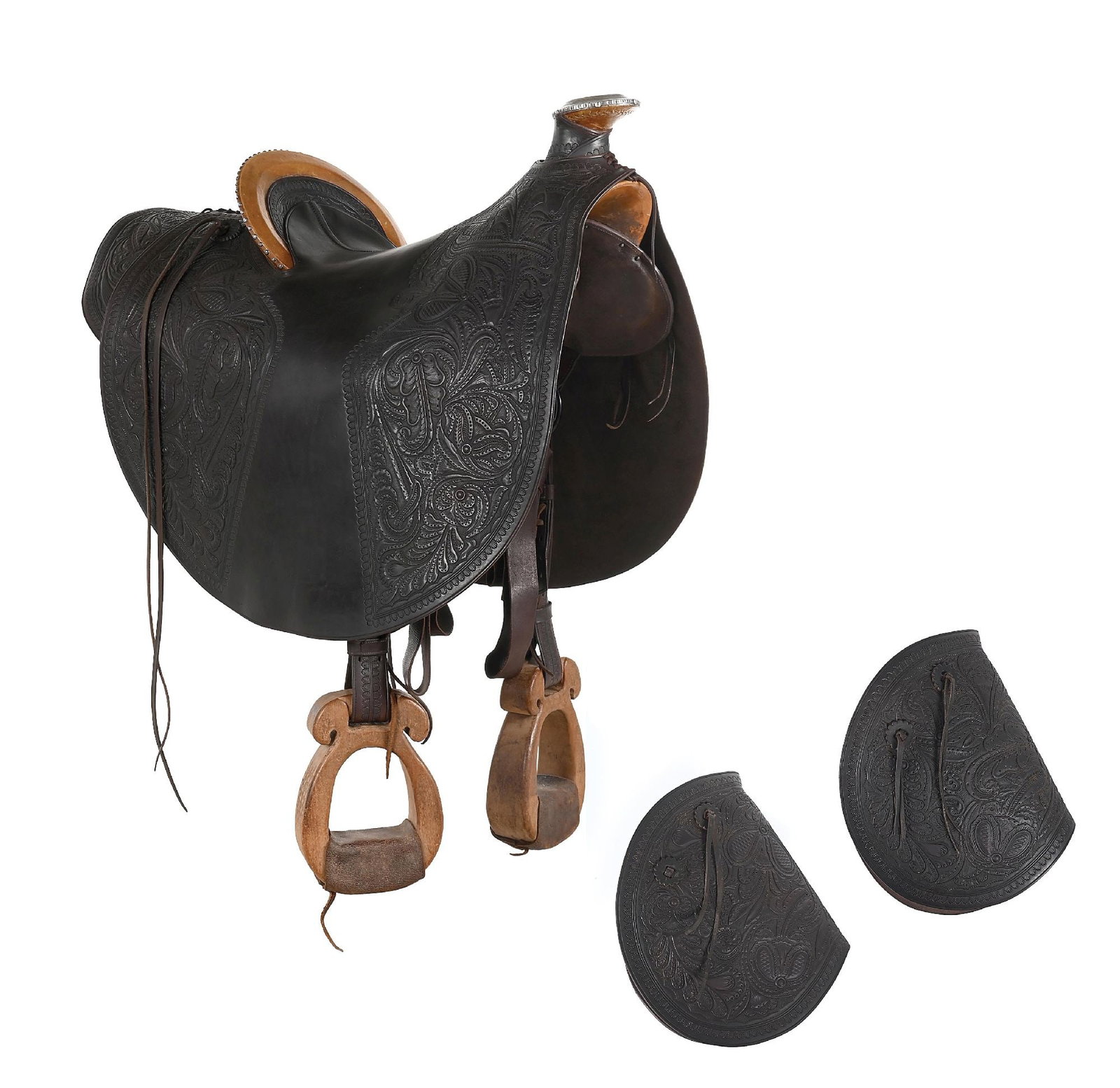 BLACK HAND-TOOLED LEATHER FLORAL MOTIF CALIFORNIA SADDLE MADE BY MARIO HANEL (1 of 11)