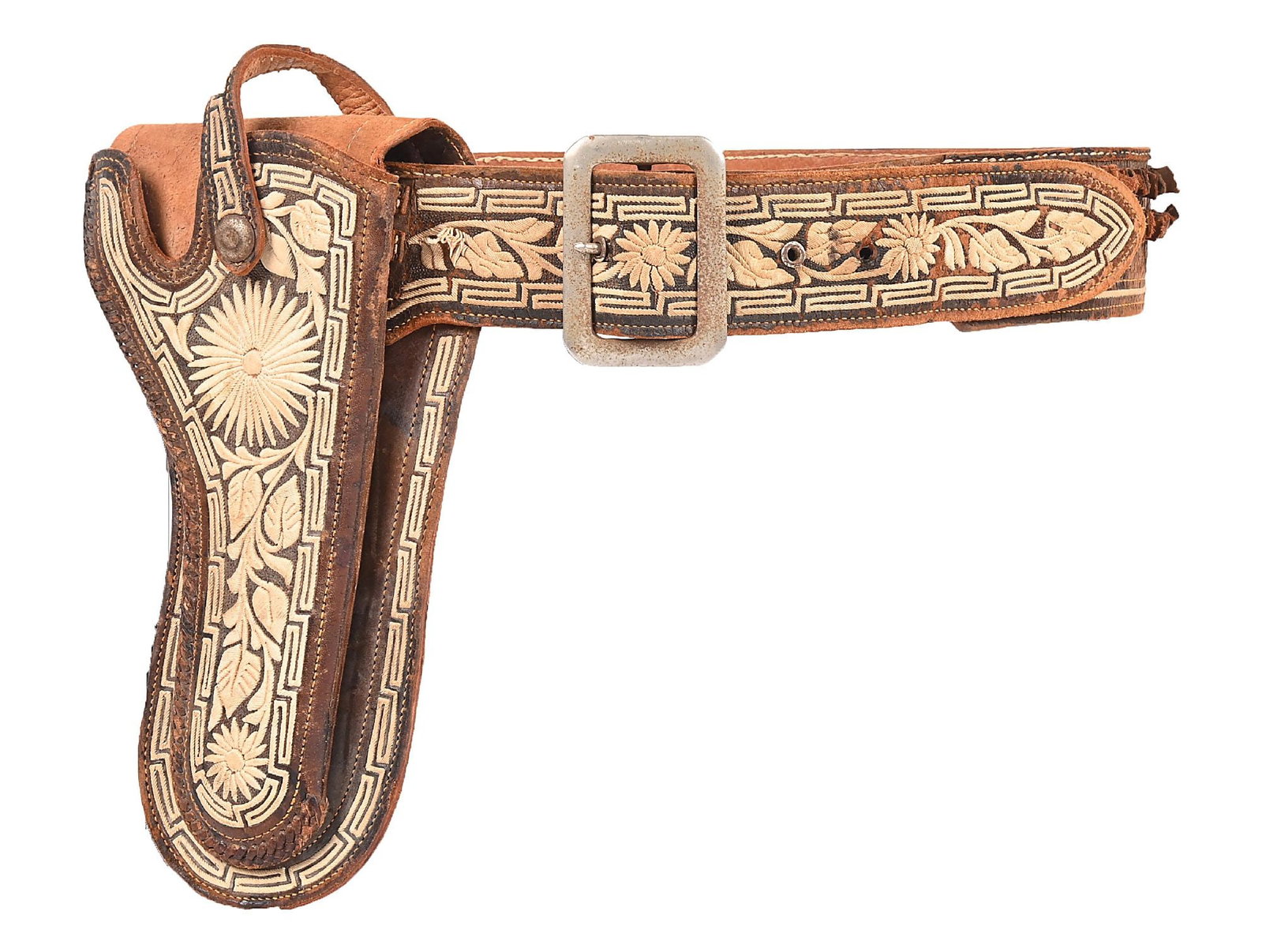 EARLY MEXICAN PITEADO HOLSTER AND CARTRIDGE BELT COLT RIG: Finished with classic Piteado cactus fiber floral embroidery on leather holster fitted for a Colt Lightning revolver. Built with a full body and full skirt utilizing the small snap and hammer strap.