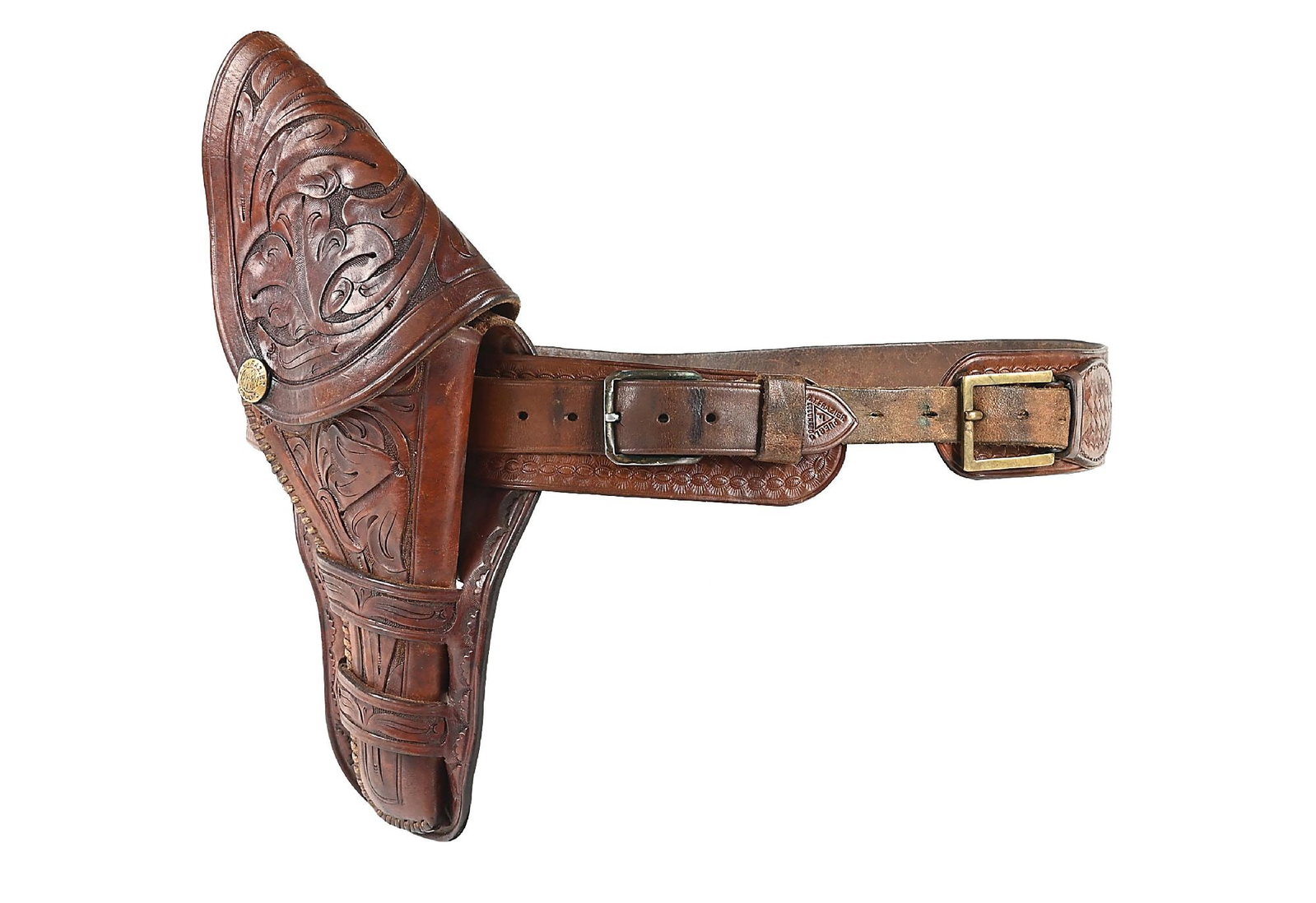 R.T. FRAZIER TOOLED LEATHER 11" HOLSTER WITH BELT: R.T. Frazier Mexican Loop pattern holster and belt rig. Full hand carved body and skirting leather in floral motif with a rawhide laced main seam and floral carved flap. Fits a smaller frame DA