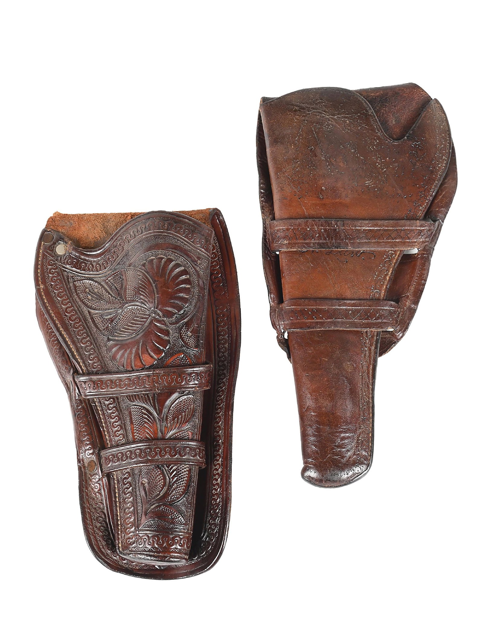 LOT OF 2 19TH CENTURY COLT HOLSTERS. TRADITIONAL DOUBLE LOOP HAND-TOOLED & TEXAS HALF-FLAP.: (A) The elaborately foliate and floral hand tooled double loop holster is pictured on page 113 in Richard Rattenbury's book, Packing Leather. Built of high-quality leather featuring a full skirt, a