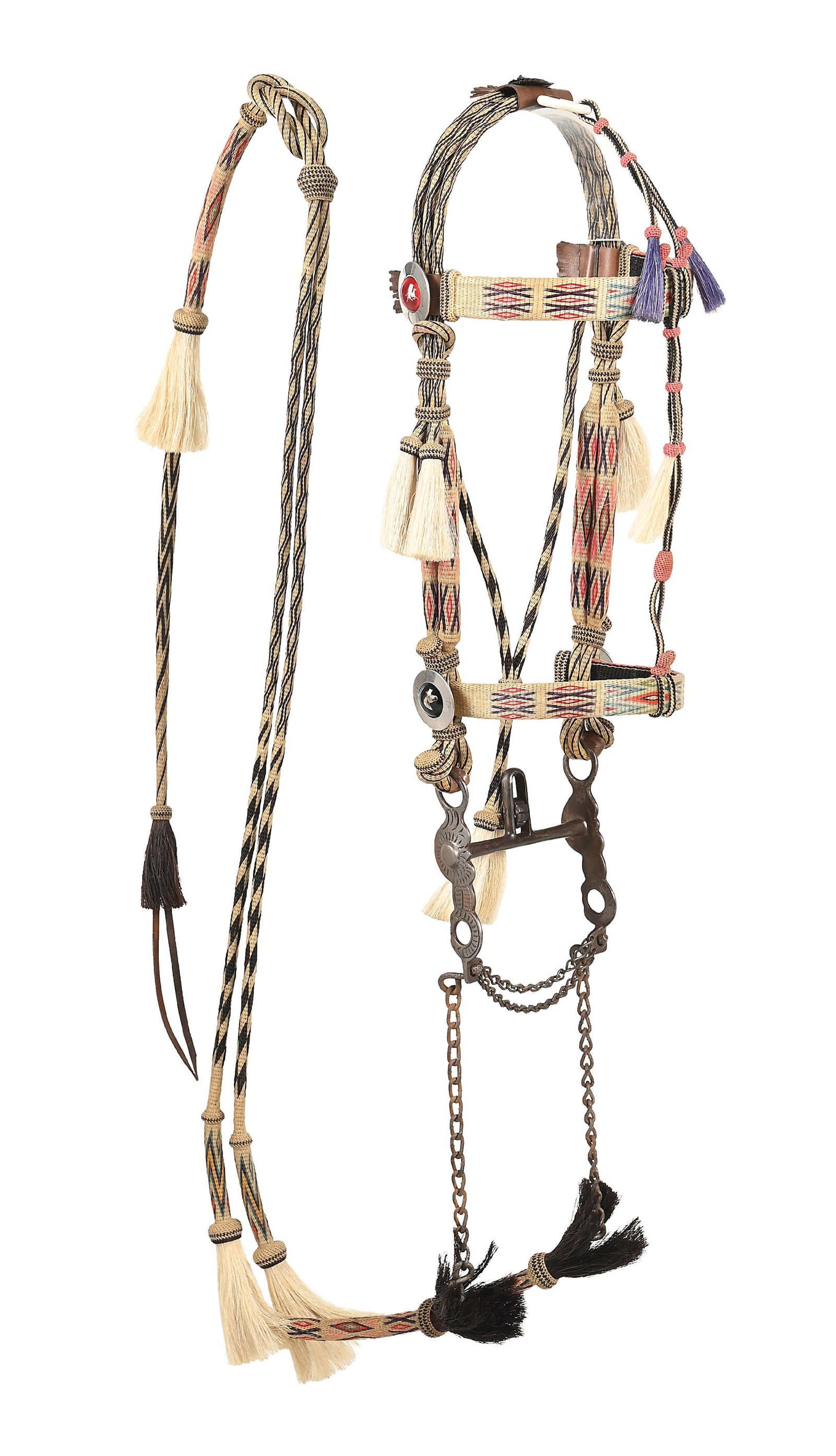 EXCEPTIONAL MULTI-COLORED MONTANA PRISON HITCHED HORSEHAIR BRIDLE WITH BIT (1 of 7)