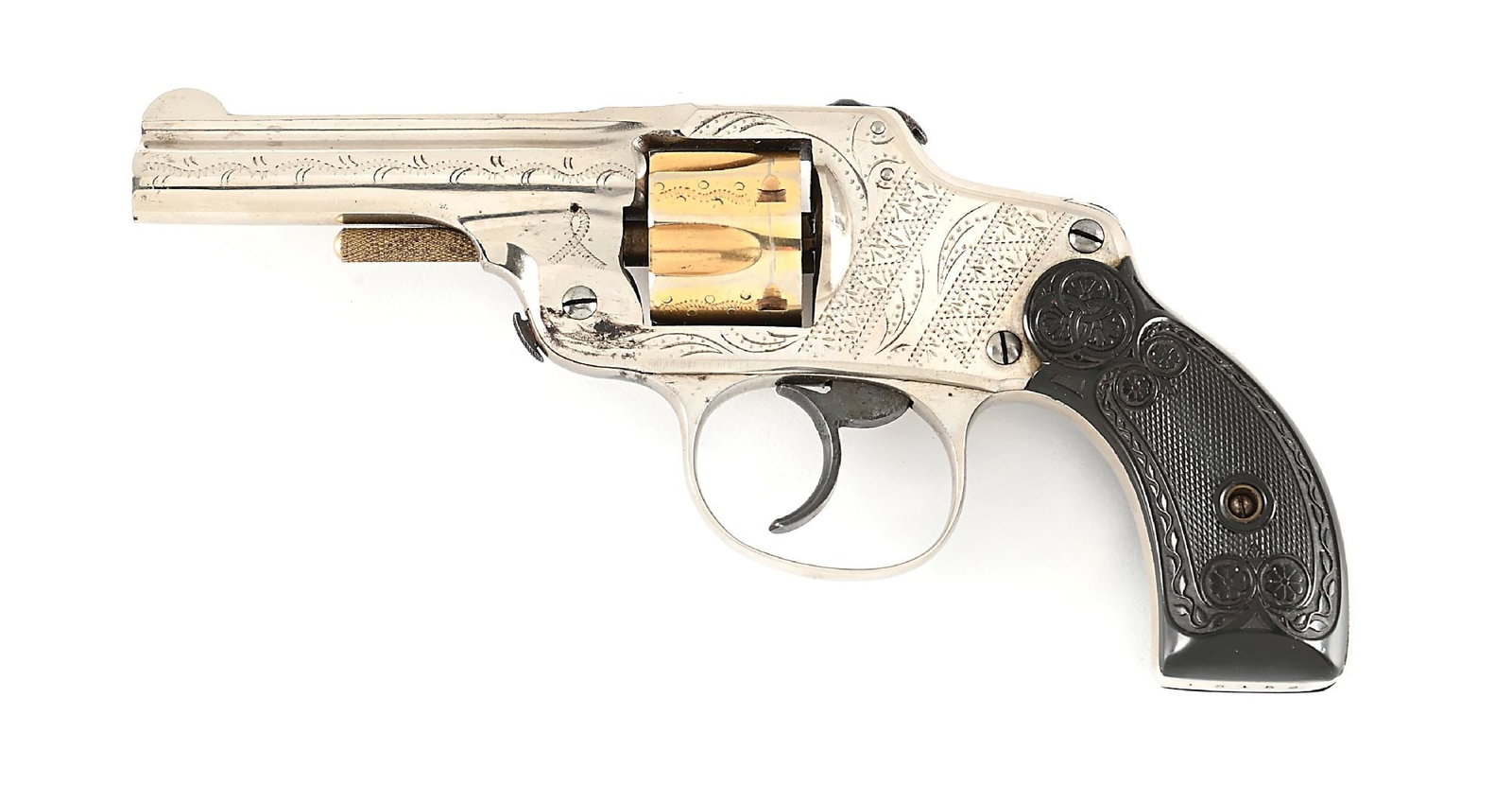 (A) BOXED FACTORY ENGRAVED WITH GOLD MALTBY HENLEY & CO SAFETY HAMMERLESS POCKET REVOLVER: The Maltby, Henley & Company was formed in New York in 1888 as dealers in firearms manufactured by others, in this case, the Otis Smith company located in Connecticut. This is a typical double action 