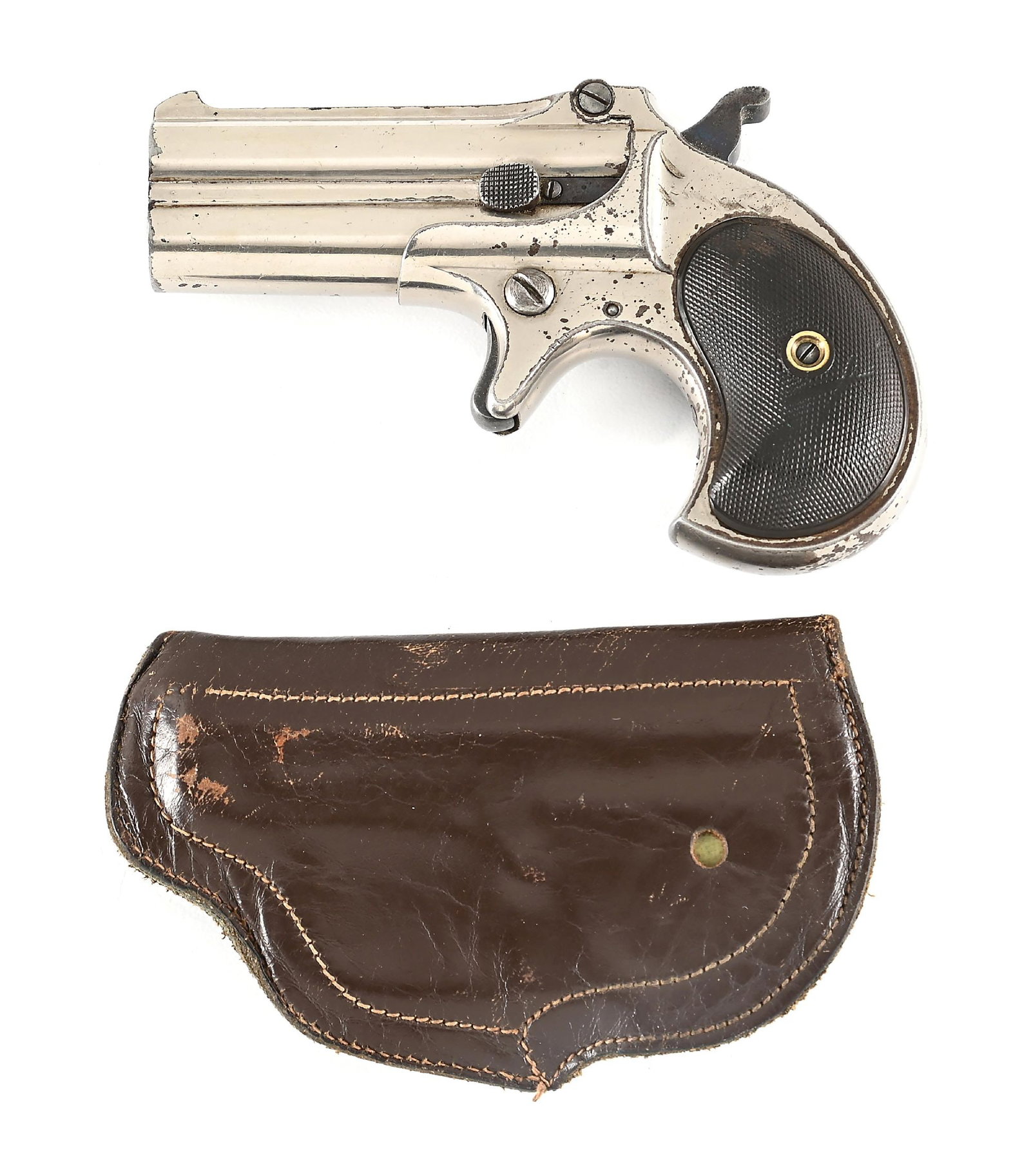 (C) REMINGTON MODEL 95 .41 RF DOUBLE DERRINGER.: Type II double derringer manufactured circa 1888-1911 with "REMINGTON ARMS CO." address. Finished in nickel plate with nitre blued hammer, spur trigger, and other small parts. Integral sights. 2-piece