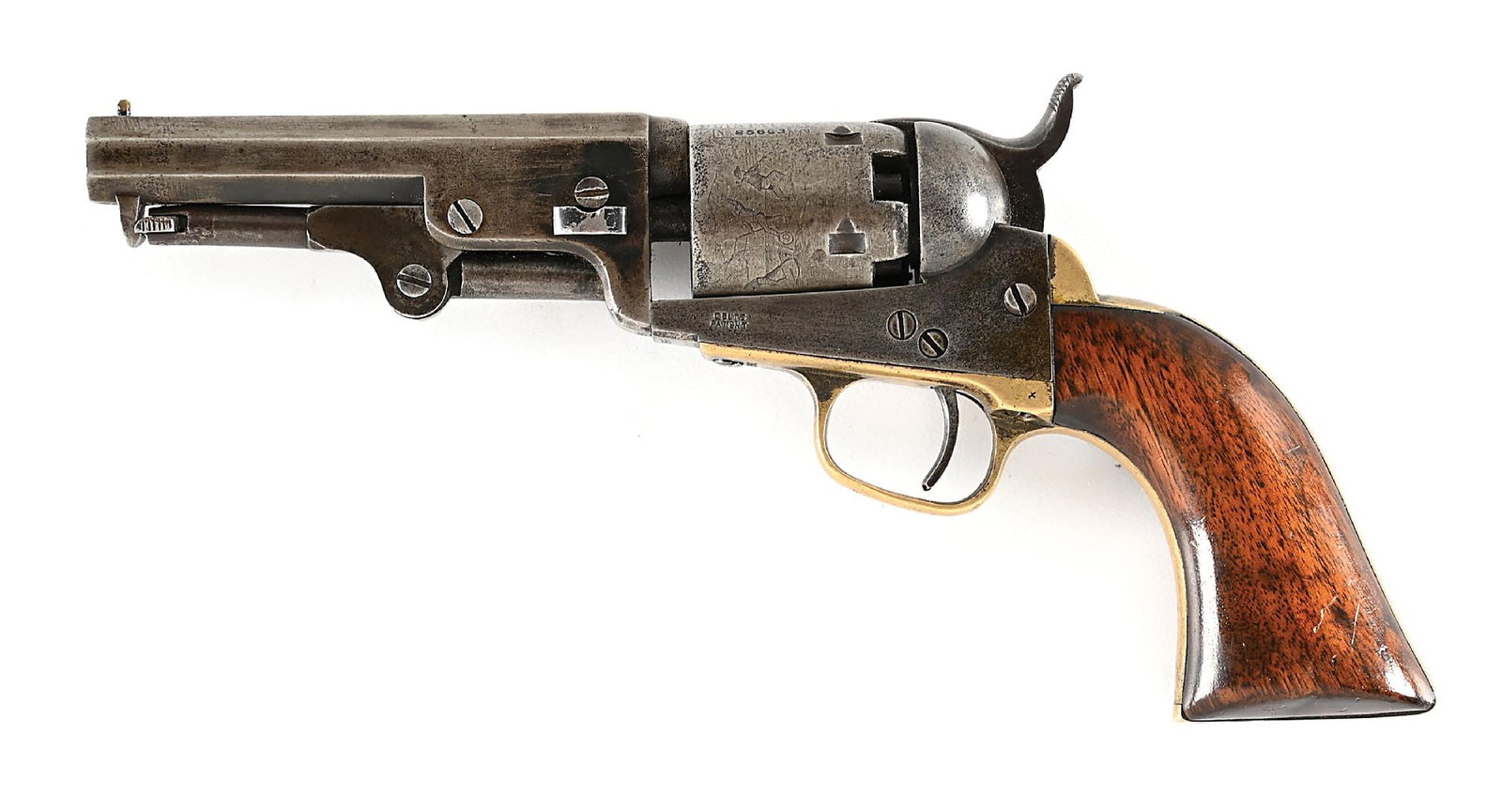 (A) COLT MODEL 1849 POCKET PERCUSSION REVOLVER.: Manufactured circa 1854. Blued octagon barrel with 2-line New York address and pin front sight. 5-shot percussion cylinder rollmarked with a largely visible stagecoach holdup scene. 1-piece smooth wal