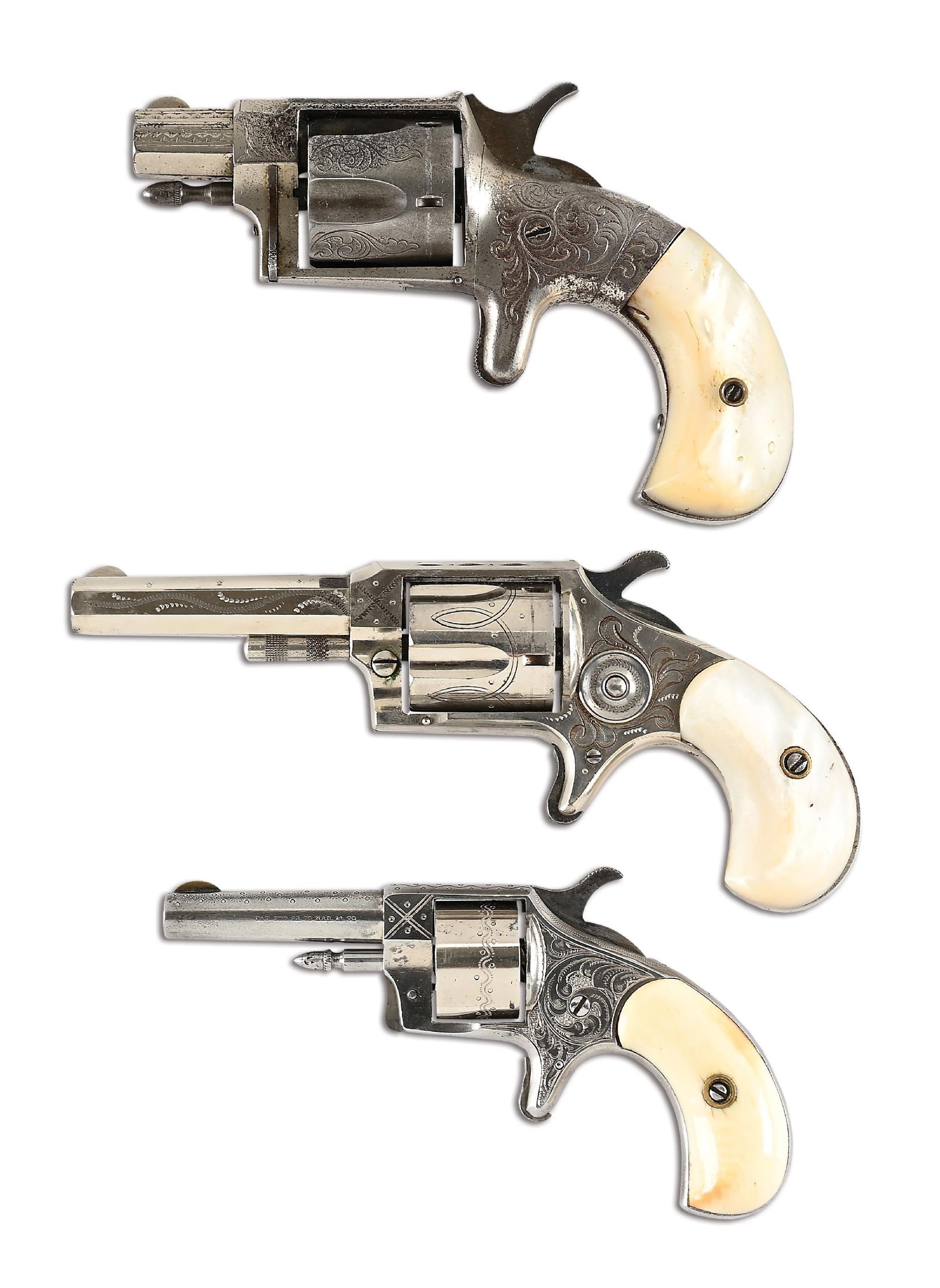 (A) LOT OF 3: ENGRAVED 19TH CENTURY SPUR TRIGGER SINGLE ACTION REVOLVERS.: Lot consists of: (A) XL No. 4 NY finished in nickel with period foliate scroll and geometric engraving. Equipped with a snub nose octagon barrel, half-moon front sight, spur trigger, and 2-piece mothe