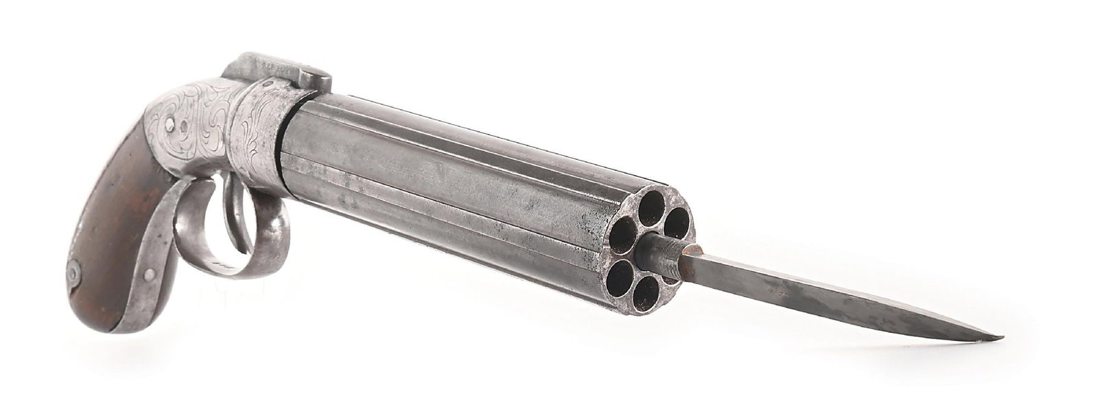 (A) SPRAGUE & MARSTON PERCUSSION PEPPERBOX REVOLVER WITH BAYONET.: Manufactured by W.W. Marston circa 1850s. The ribbed 6-barrel cluster is marked "SPRAGUE & MARSTON NEW YORK" and "CAST STEEL WARRANTED". Double action with the bar hammer marked "NEW YORK" and "PATENT