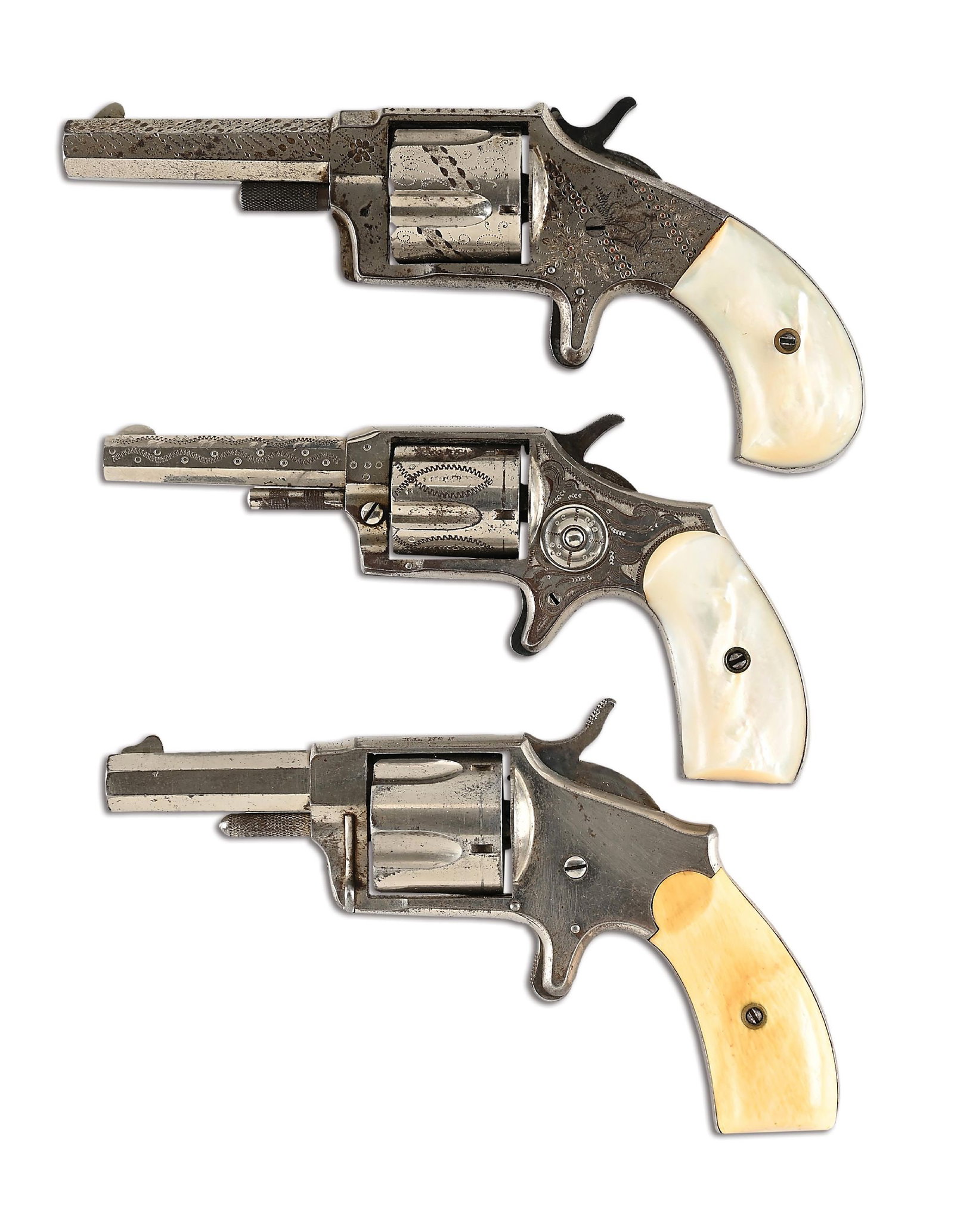 (A) LOT OF 3: HOPKINS & ALLEN AND LEE ARMS CO SINGLE ACTION REVOLVERS, 2 FACTORY ENGRAVED.: Lot consists of: (A) Hopkins & Allen Favorite No. 4 .41 RF revolver. Revolver is nickel plated with Merwin & Hulbert style enamel highlighted floral punch dot engraving with a bird on the left panel. 