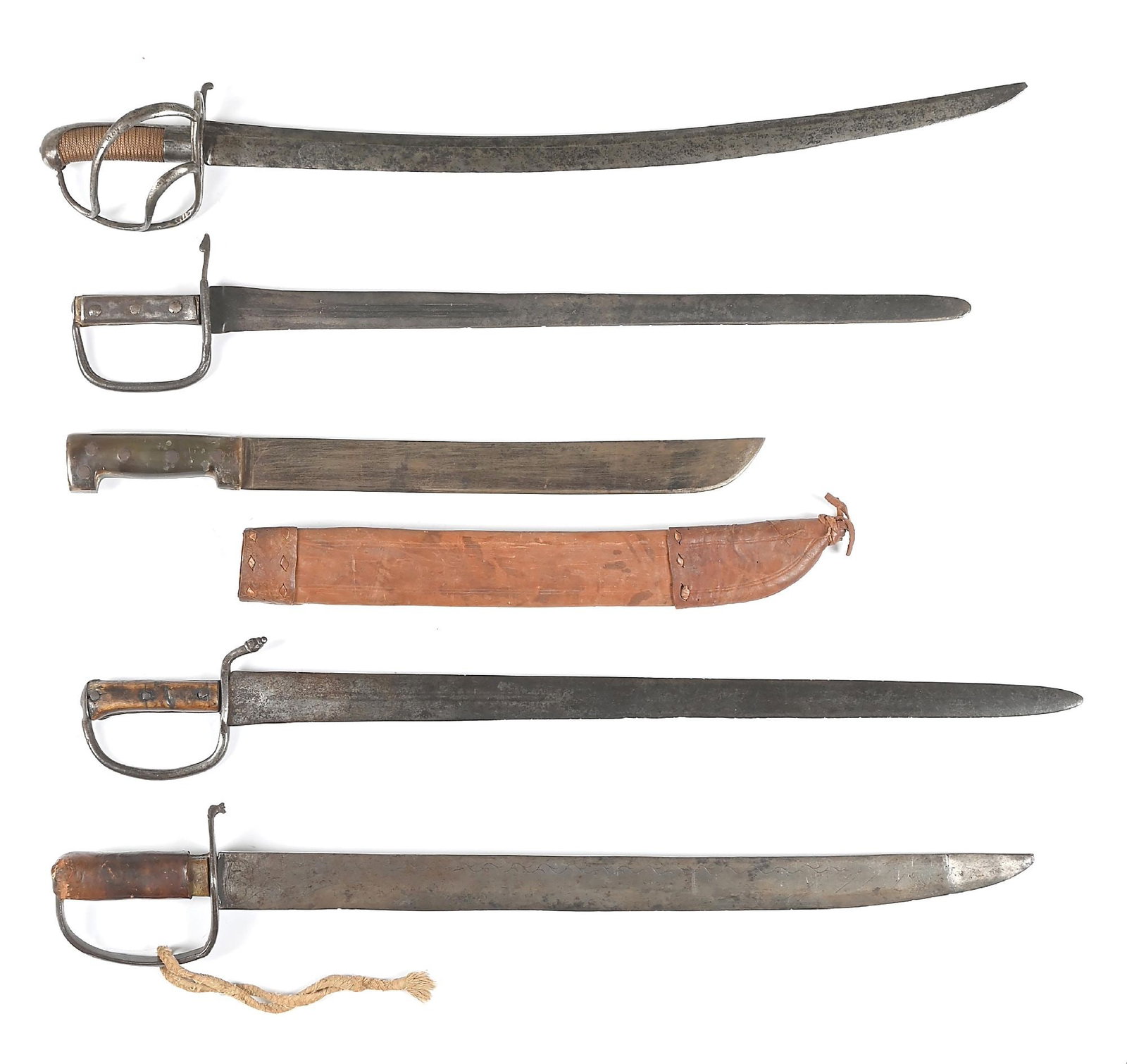 LOT OF 5: MEXICAN ESPADA ANCHA SWORDS: Lot of early Mexican Espada Ancha or Spanish Colonial period blades. All are frontier or of mission blacksmith manufacture and show a variety of hilts. One is a later machete with horn handle. Provena