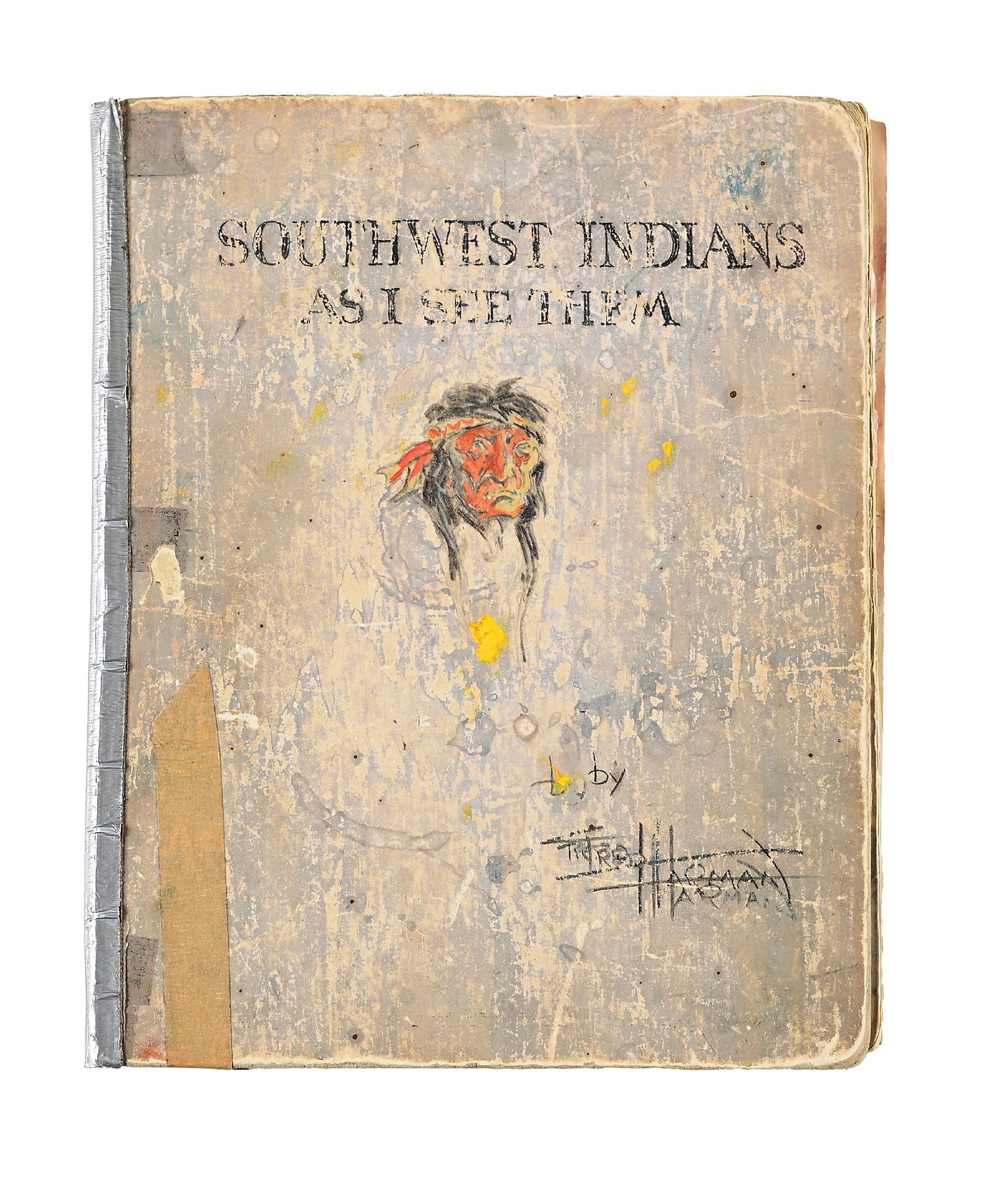SOUTHWEST INDIANS AS I SEE THEM HANDMADE ART BOOK BY FRED HARMAN (1902-1982): Handmade book with original drawings and sketches containing descriptive text of the hand-illustrated pages. Approximately 47 pencil drawings and 24 wash-colored ink drawings of various sizes, from sm