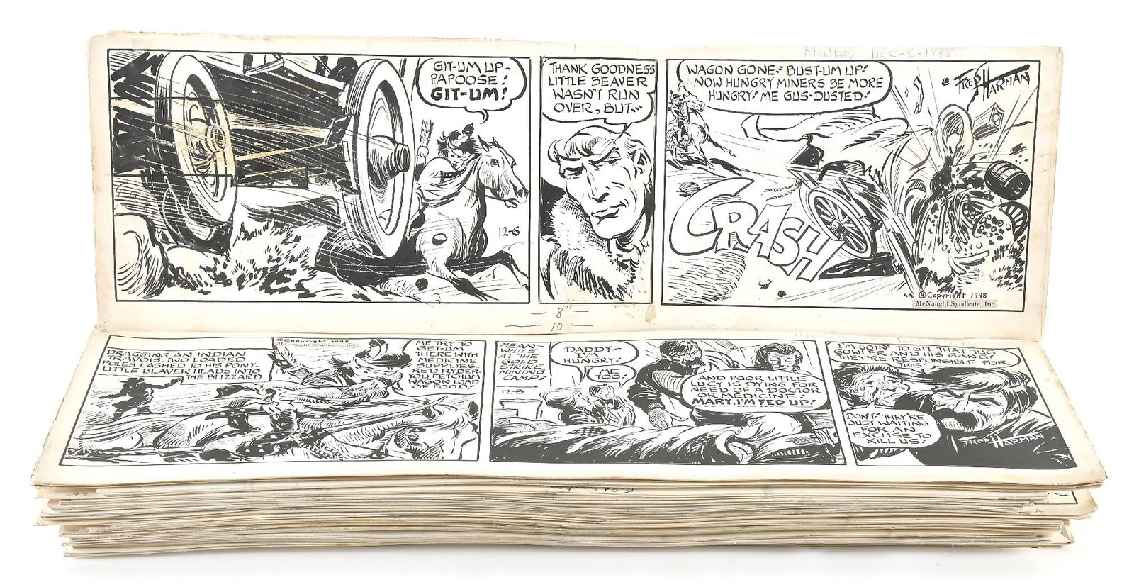 LOT OF 70: 1948 FRED HARMAN RED RYDER DALIES: Comic art from the 1948 Red Ryder Dailies , with dates ranging between January and December. Copyright 1948 McNaught Syndicate, Inc. Refer to online photo for complete listing of dates per lot. Proven
