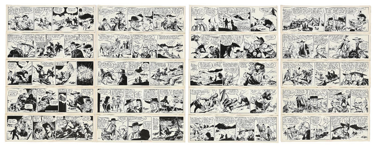 LOT OF 36: 1951 FRED HARMAN RED RYDER DALIES: Comic art from the 1951 Red Ryder Dailies . Dates range from January to December. Copyright 1951 McNaught Syndicate, Inc. Refer to online photo for complete listing of dates per lot. Provenance Fred H